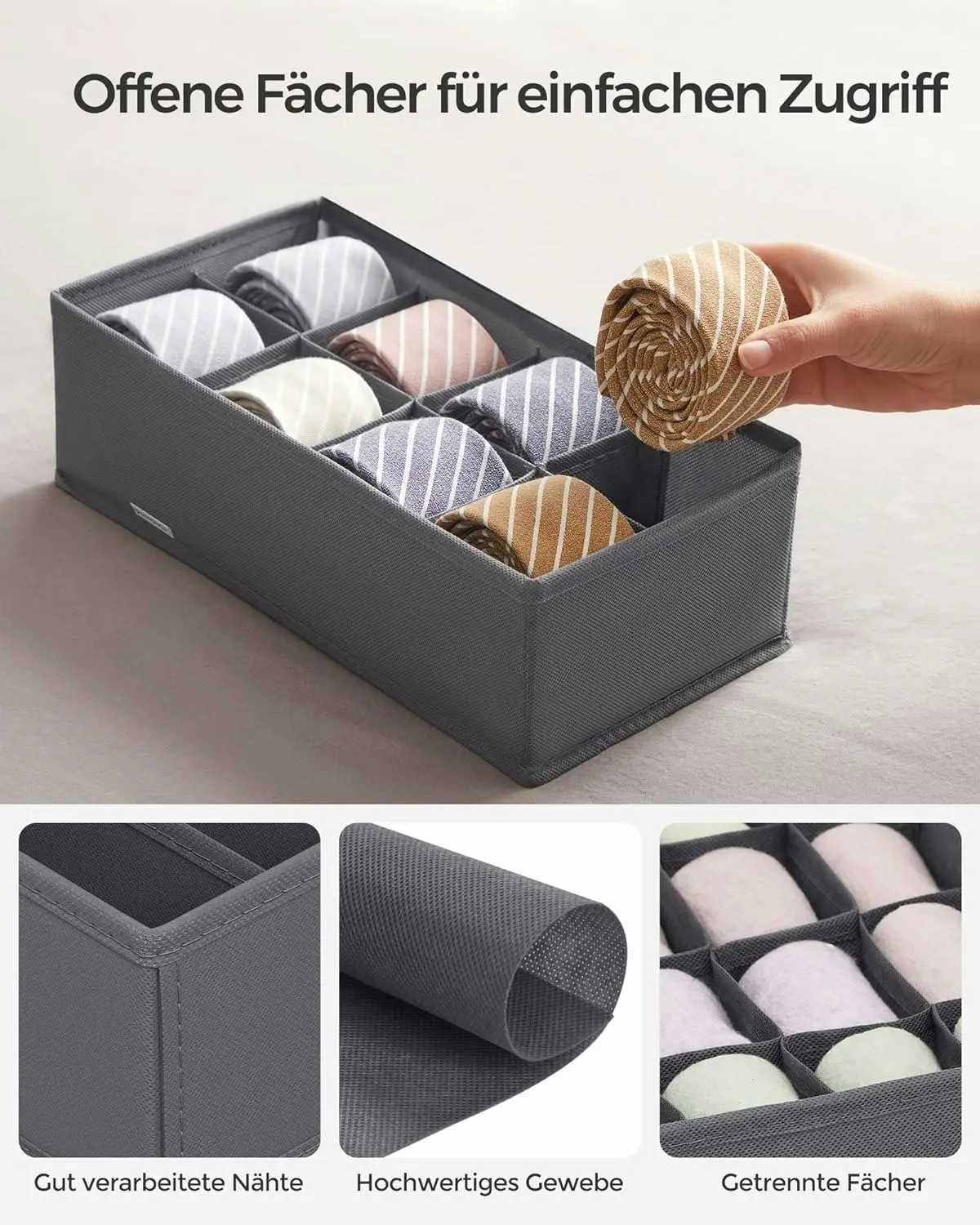 8x SONGMICS Folding Fabric Boxes Closet Drawer Organizers Underwear Storage Box - Grey