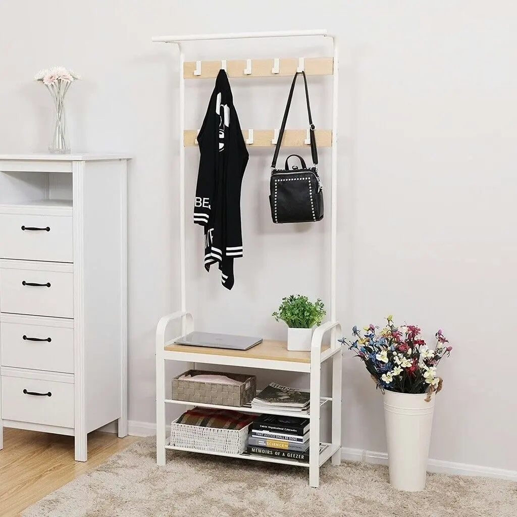 VASAGLE 3 Tier Entryway Coat Shoe Rack and Storage Shelves - White