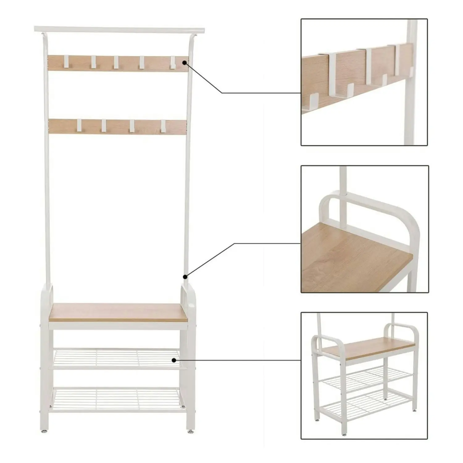 VASAGLE 3 Tier Entryway Coat Shoe Rack and Storage Shelves - White