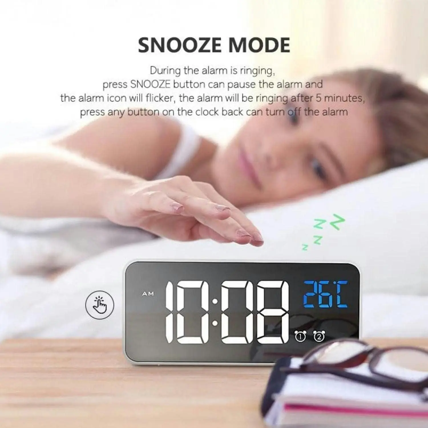 Gominimo Digital Clock Mirrored Dual Alarm Adjustable Brightness White