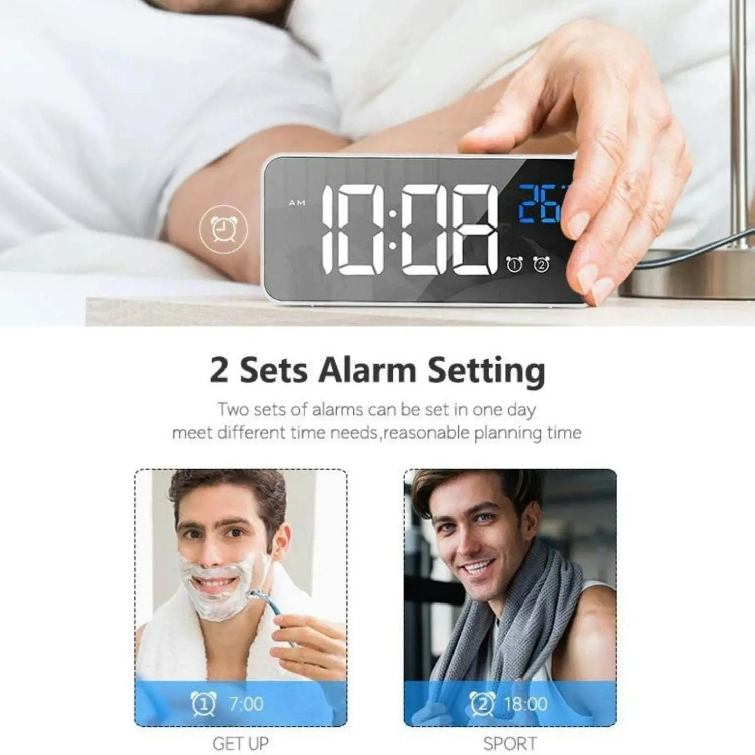 Gominimo Digital Clock Mirrored Dual Alarm Adjustable Brightness White