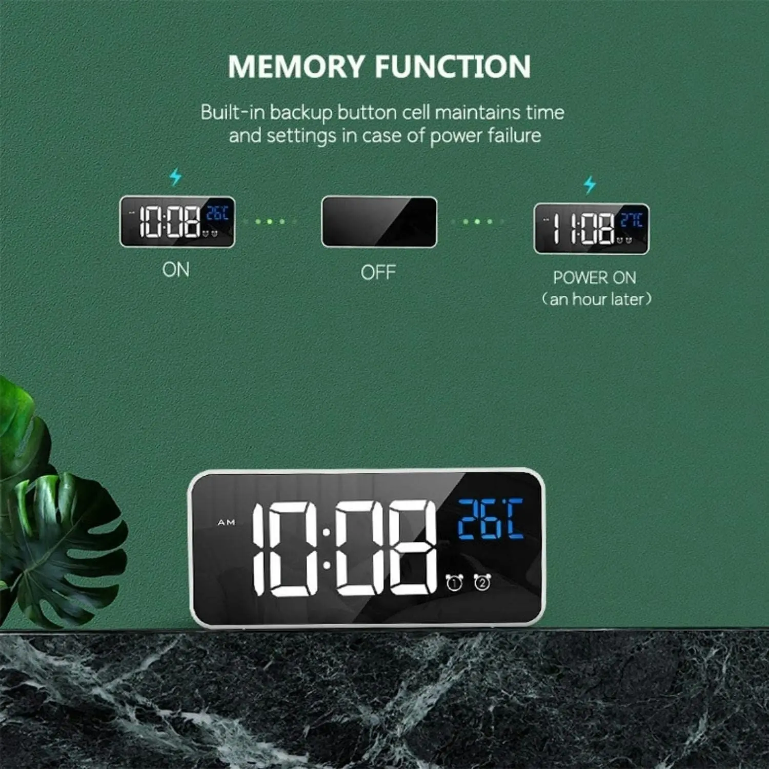 Gominimo Digital Clock Mirrored Dual Alarm Adjustable Brightness White