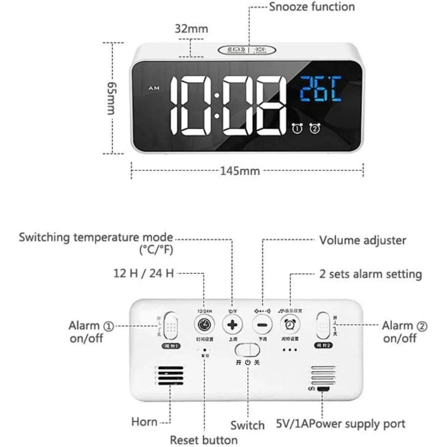 Gominimo Digital Clock Mirrored Dual Alarm Adjustable Brightness White