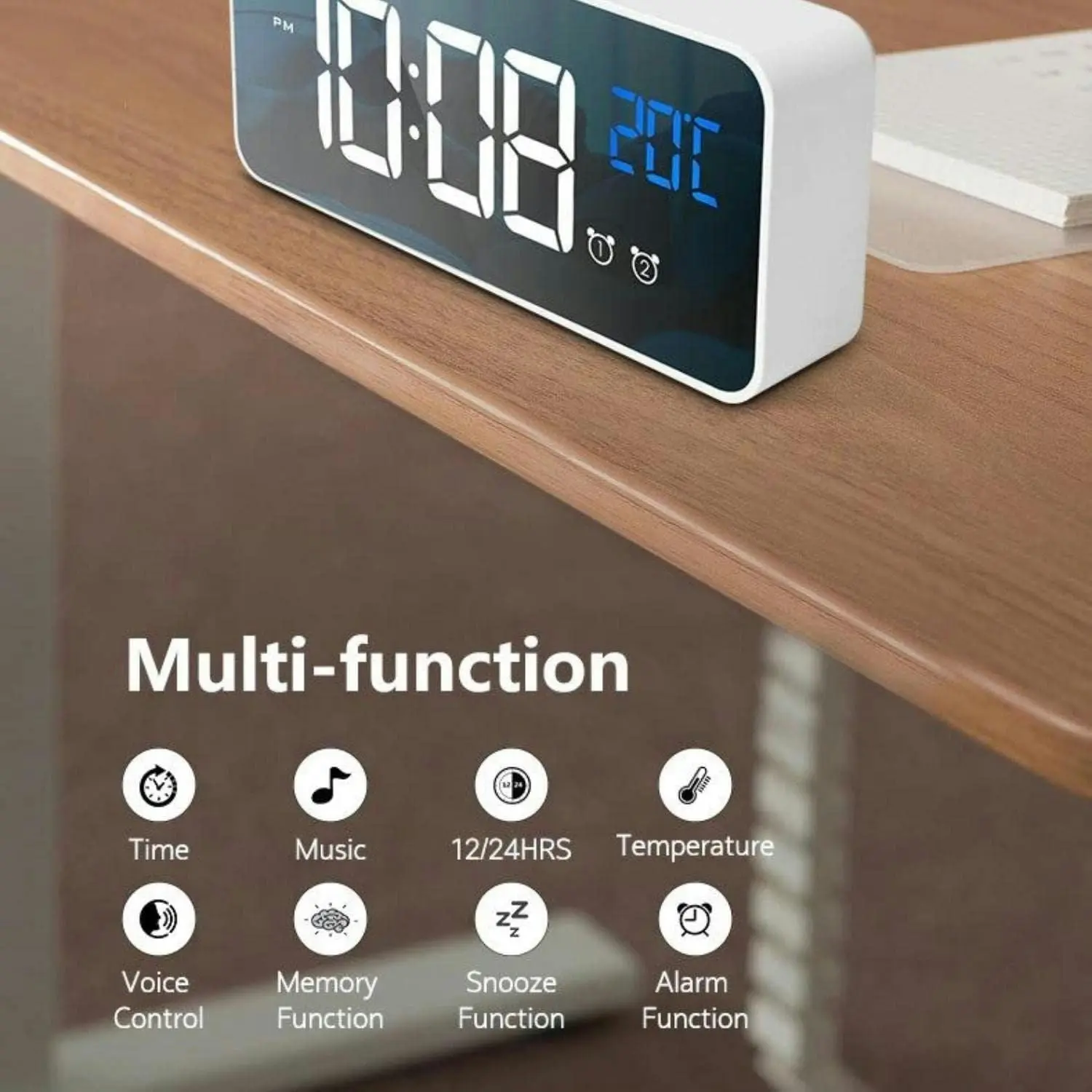 Gominimo Digital Clock Mirrored Dual Alarm Adjustable Brightness White