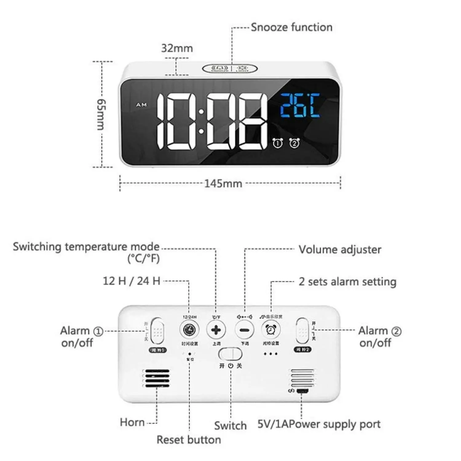 Gominimo Digital Clock Mirrored Dual Alarm Adjustable Brightness Black