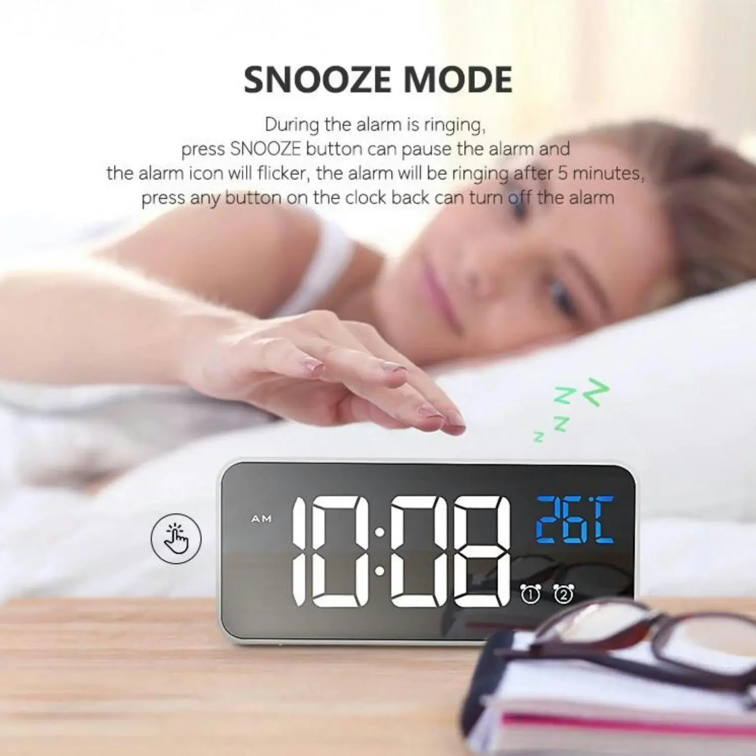 Gominimo Digital Clock Mirrored Dual Alarm Adjustable Brightness Black