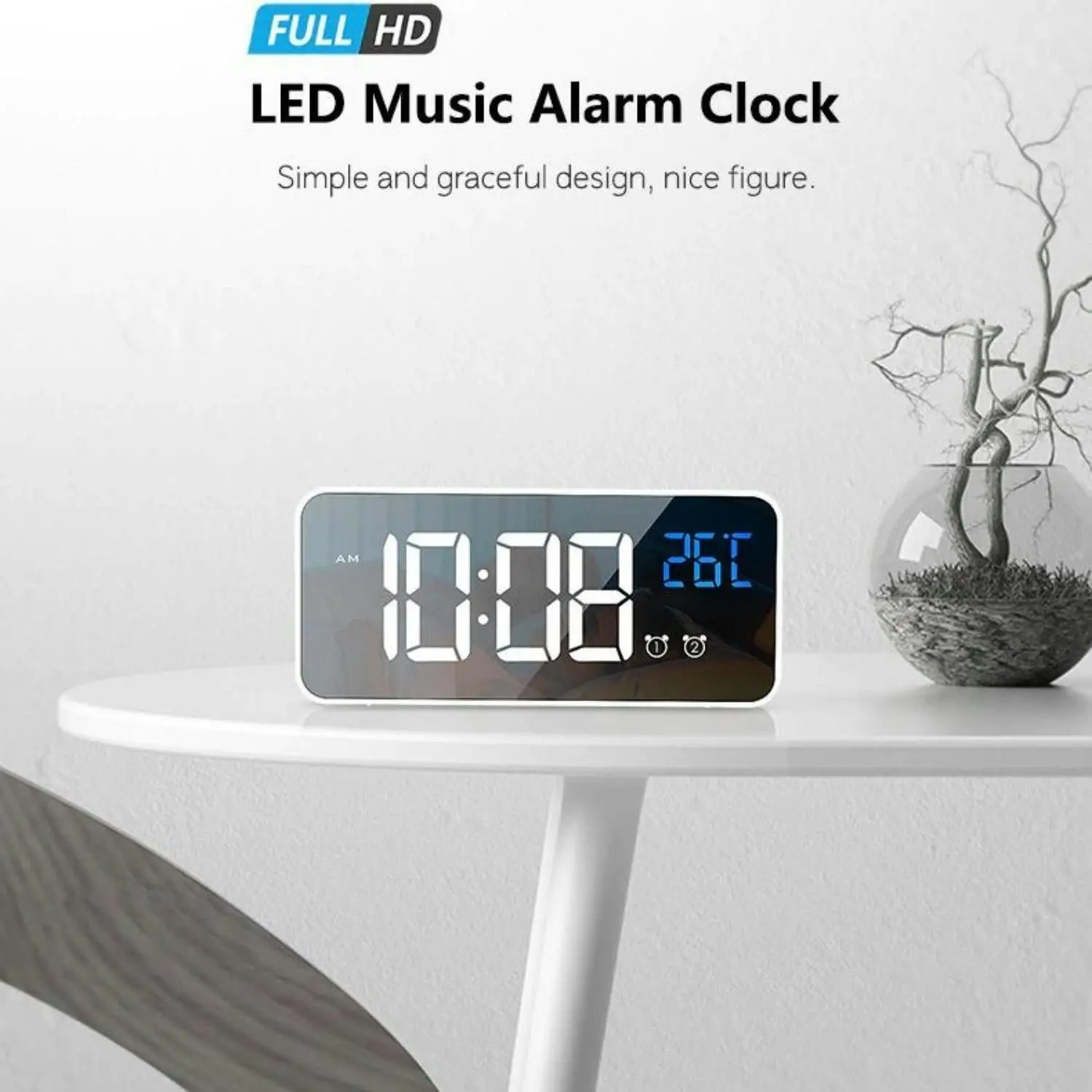 Gominimo Digital Clock Mirrored Dual Alarm Adjustable Brightness Grey