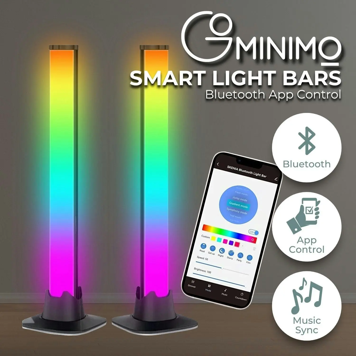 2pcs Gominimo Modern Smart LED Bluetooth Ambient Light Bars - Black