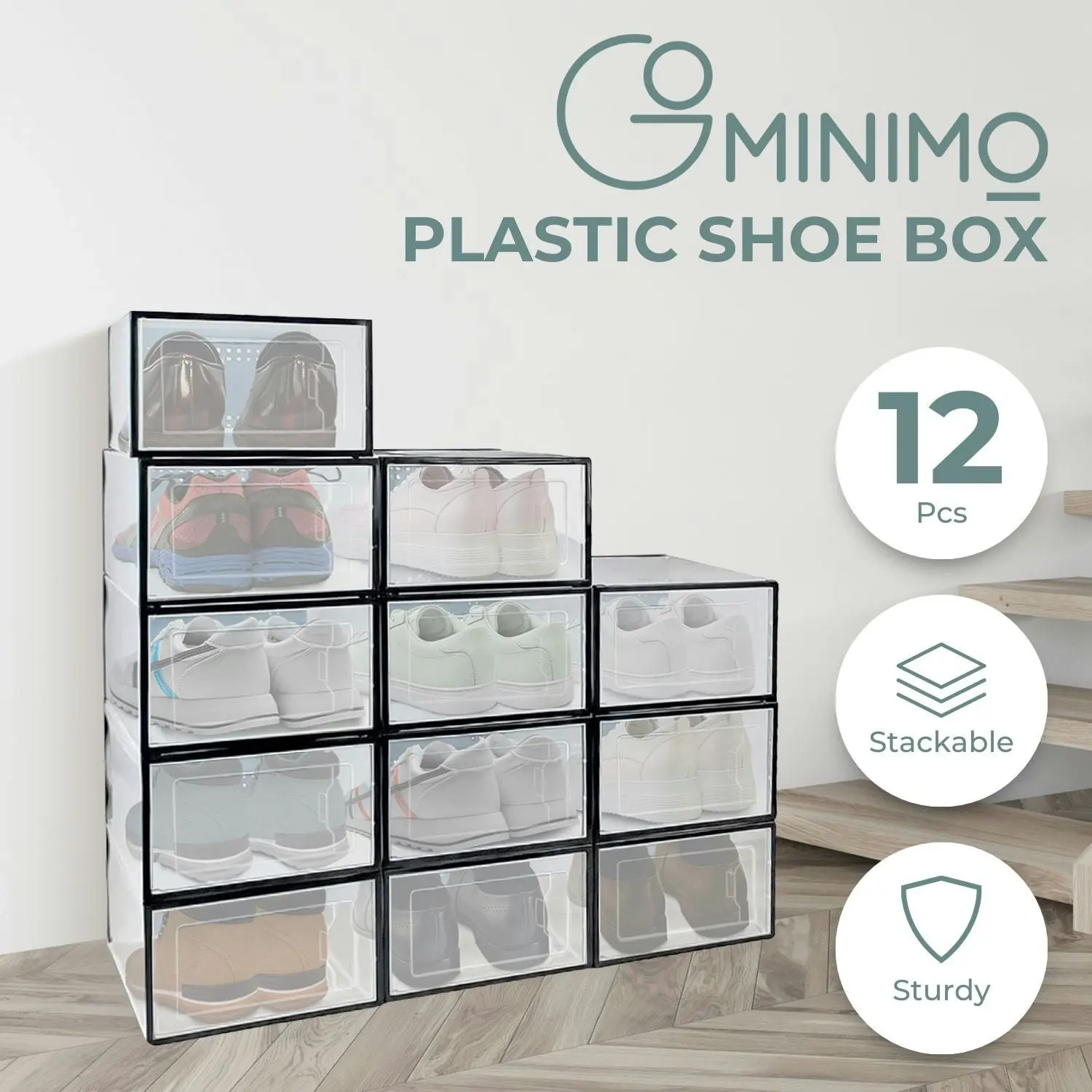 12pcs Gominimo Medium Size 33x23x114cm Plastic Shoe Box - Black