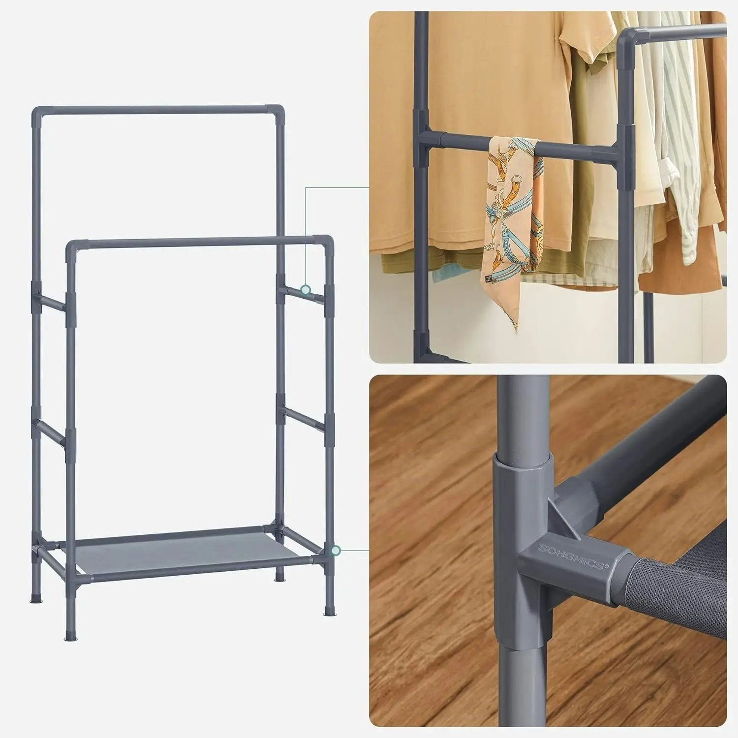 SONGMICS Open Wardrobe Garment Coat Hanger with 2 Rails and Shelf Stand Metal Clothes Rack - Grey