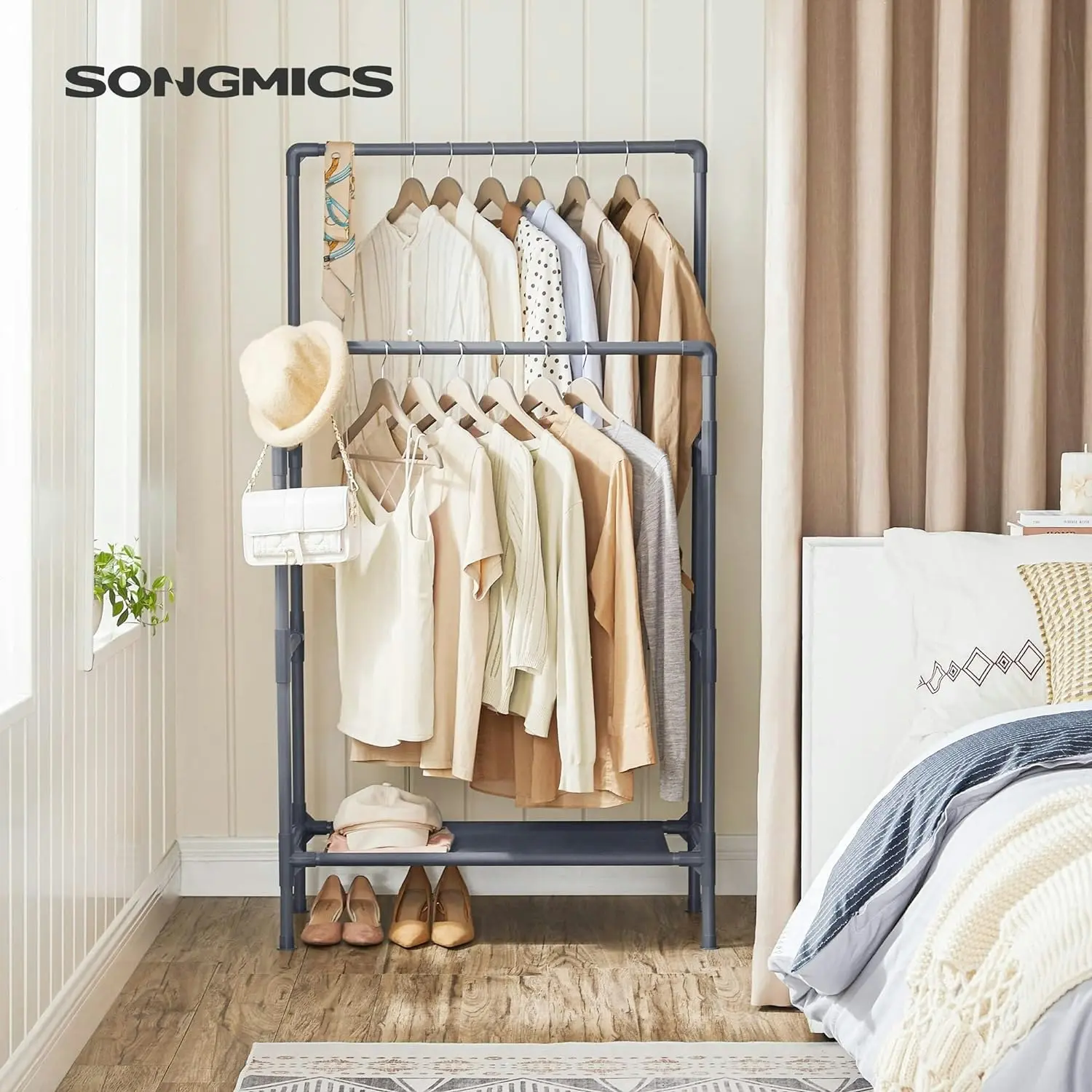 SONGMICS Open Wardrobe Garment Coat Hanger with 2 Rails and Shelf Stand Metal Clothes Rack - Grey