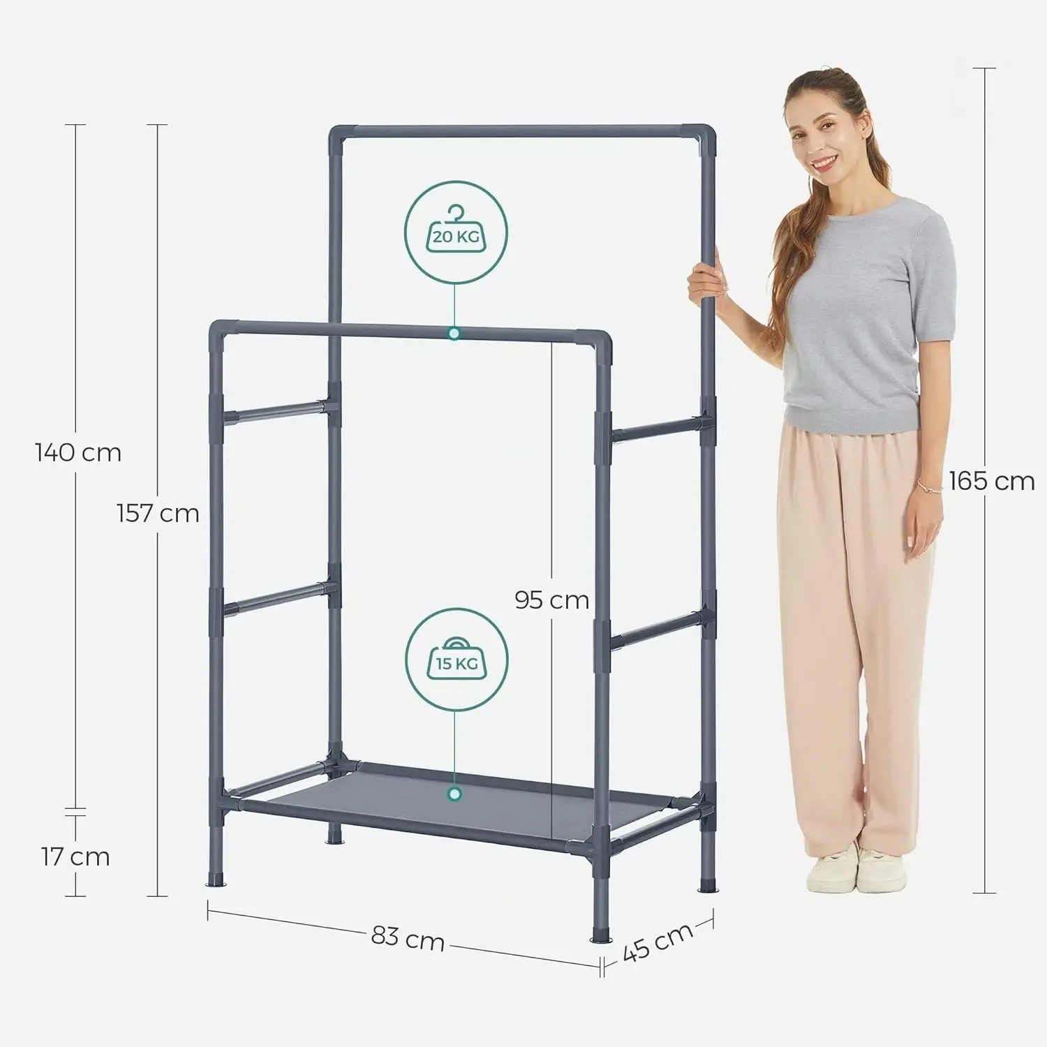 SONGMICS Open Wardrobe Garment Coat Hanger with 2 Rails and Shelf Stand Metal Clothes Rack - Grey