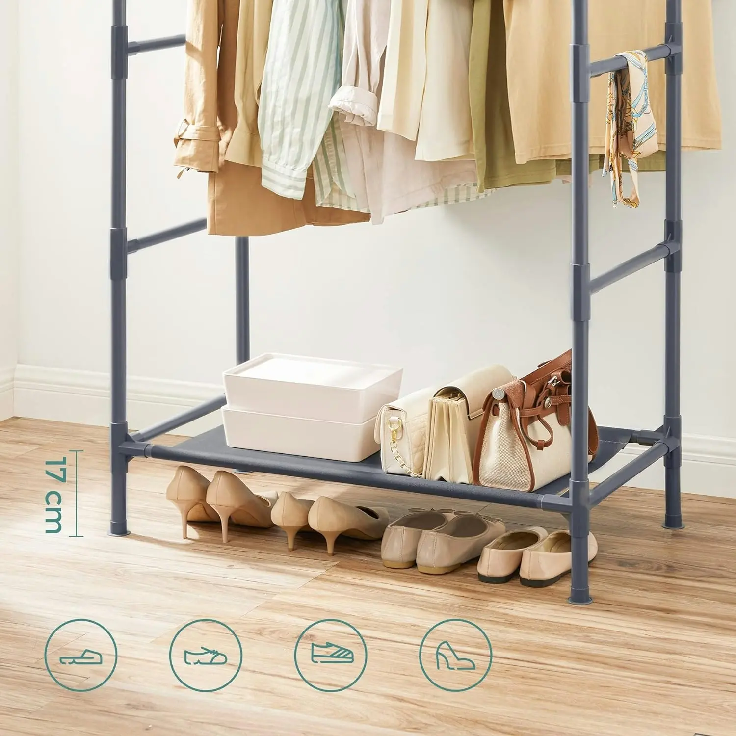 SONGMICS Open Wardrobe Garment Coat Hanger with 2 Rails and Shelf Stand Metal Clothes Rack - Grey