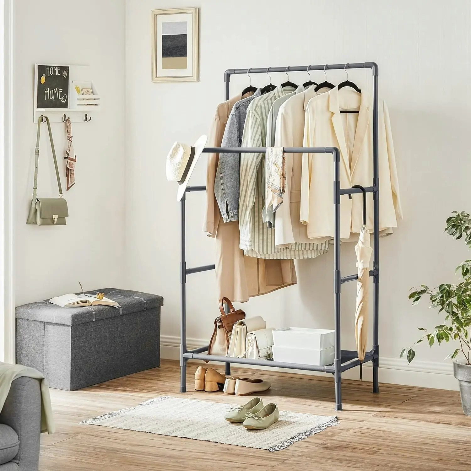 SONGMICS Open Wardrobe Garment Coat Hanger with 2 Rails and Shelf Stand Metal Clothes Rack - Grey