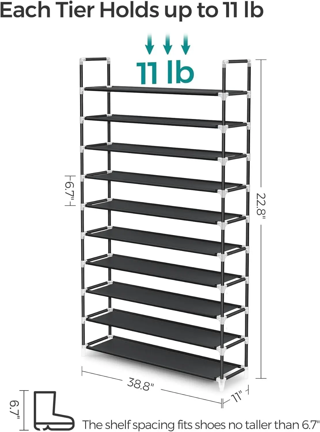 SONGMICS 10 Tier Metal Shoe Rack for 50 Pairs Non-Woven Fabric Shelves Black