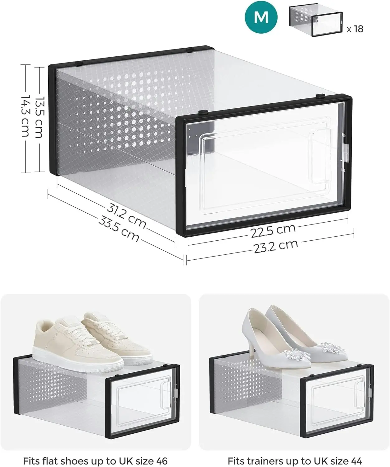 18x SONGMICS Fit Up US Size 11 Transparent Stackable Clear Plastic Shoe Boxes - Black