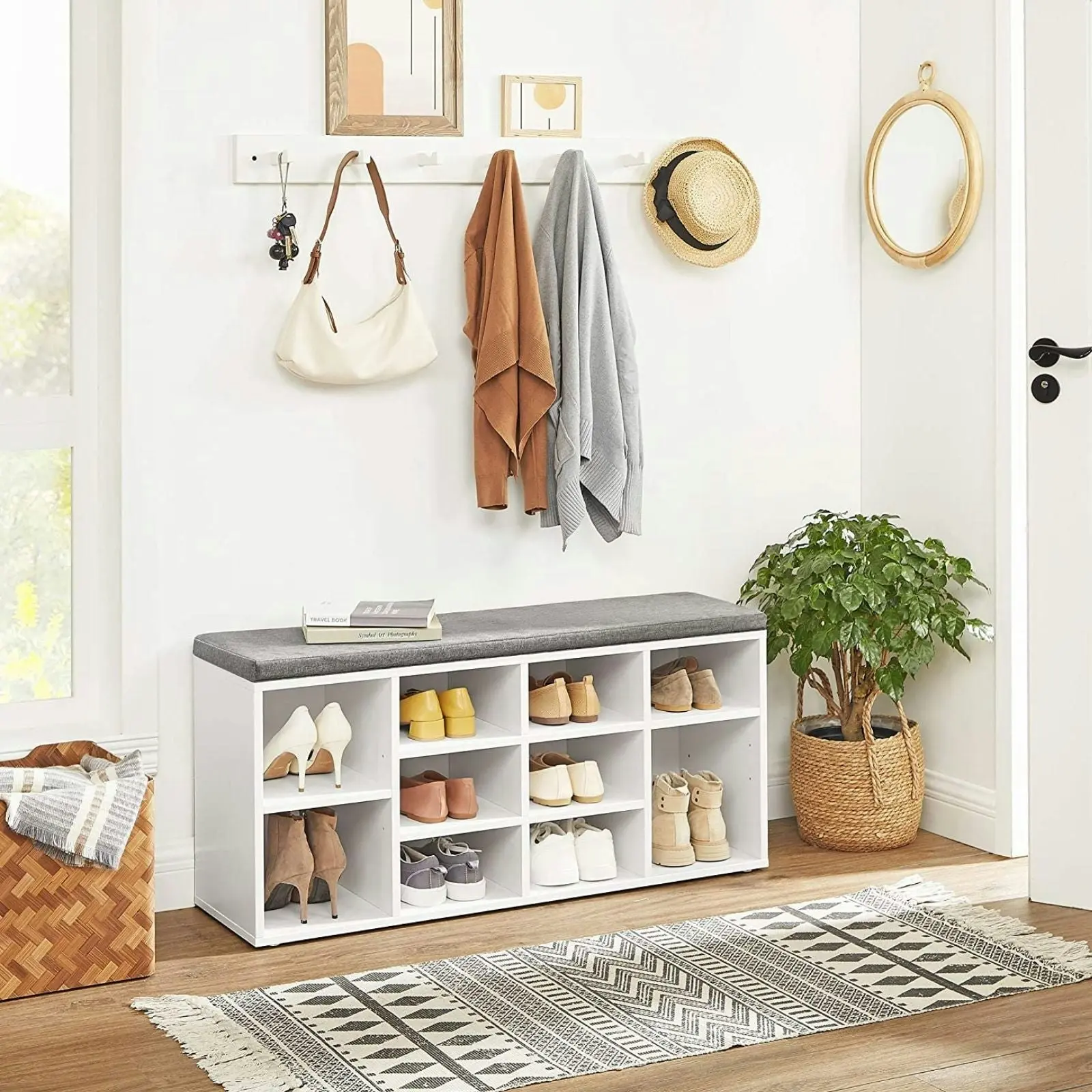 VASAGLE Wooden Bench Padded Seat Shoes Storage Shelf Organiser Chair ‎Shoe Rack - White/Grey