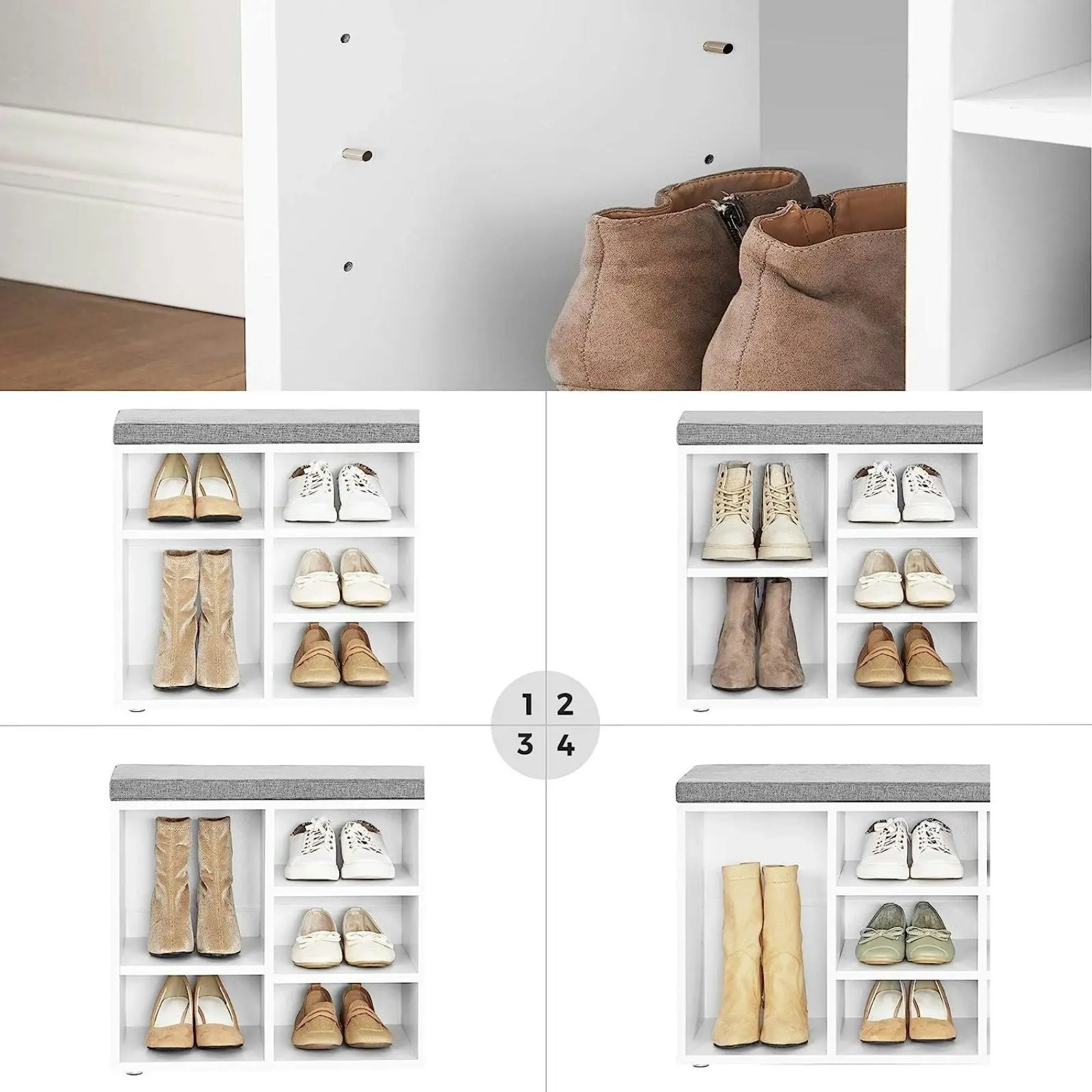 VASAGLE Wooden Bench Padded Seat Shoes Storage Shelf Organiser Chair ‎Shoe Rack - White/Grey