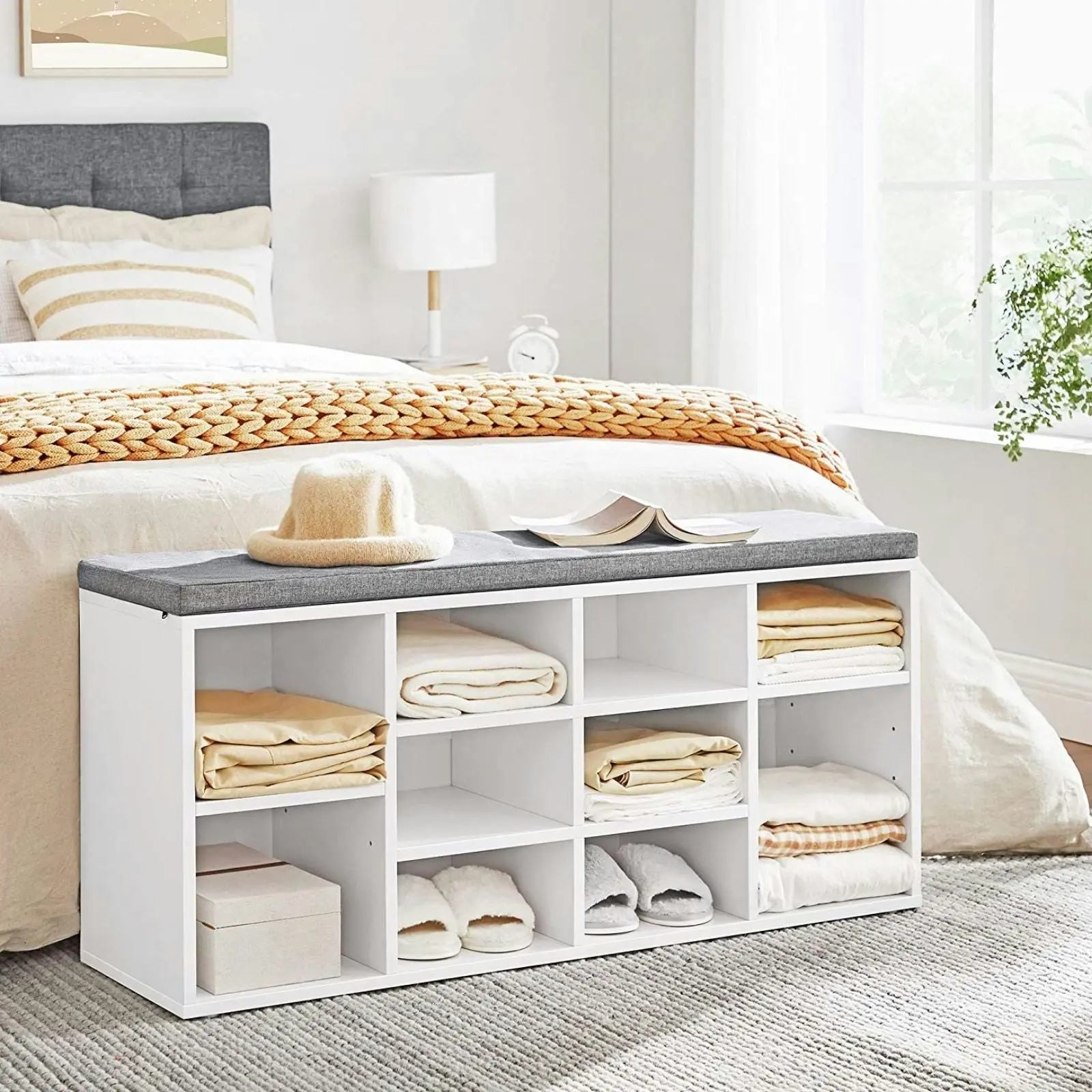 VASAGLE Wooden Bench Padded Seat Shoes Storage Shelf Organiser Chair ‎Shoe Rack - White/Grey