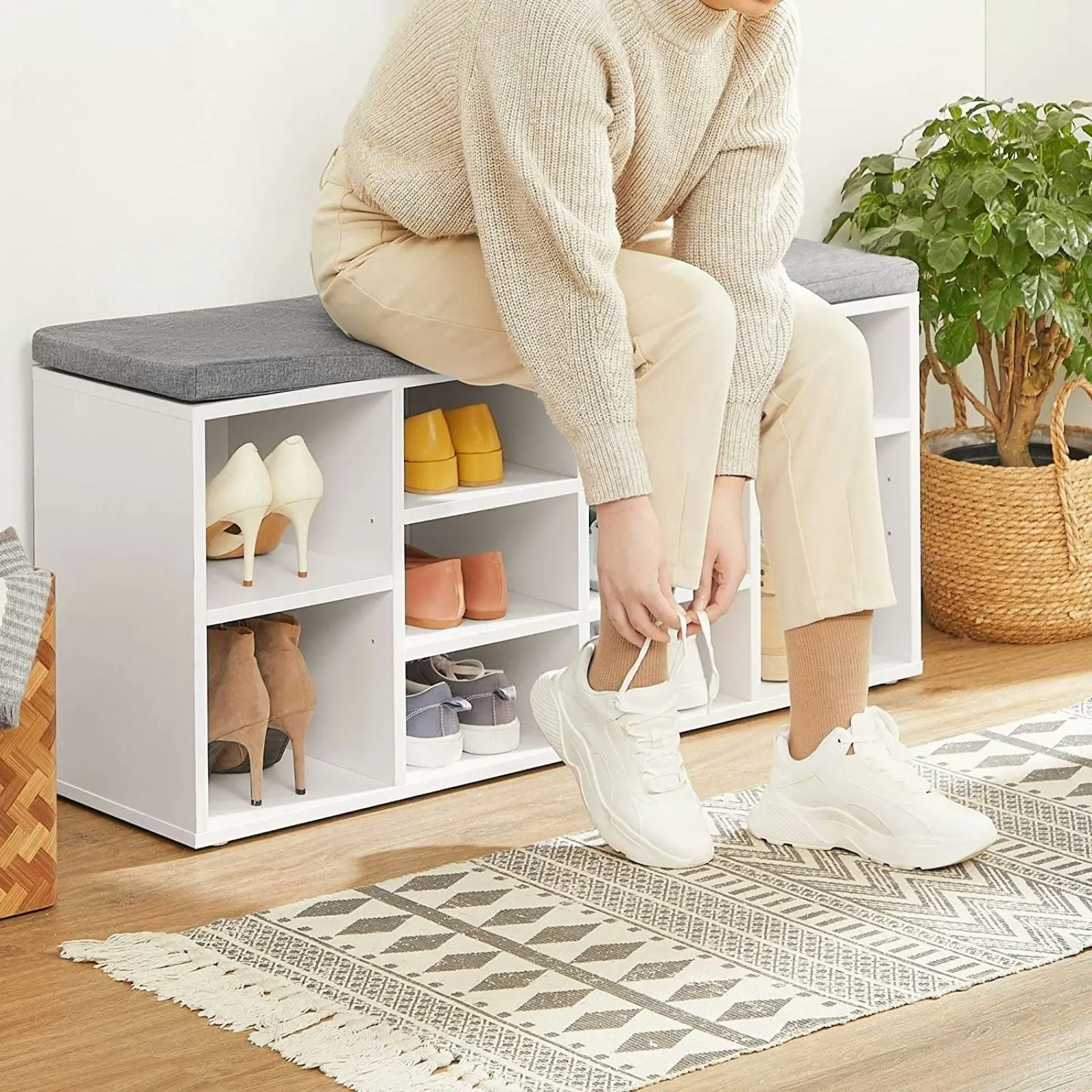 VASAGLE Wooden Bench Padded Seat Shoes Storage Shelf Organiser Chair ‎Shoe Rack - White/Grey