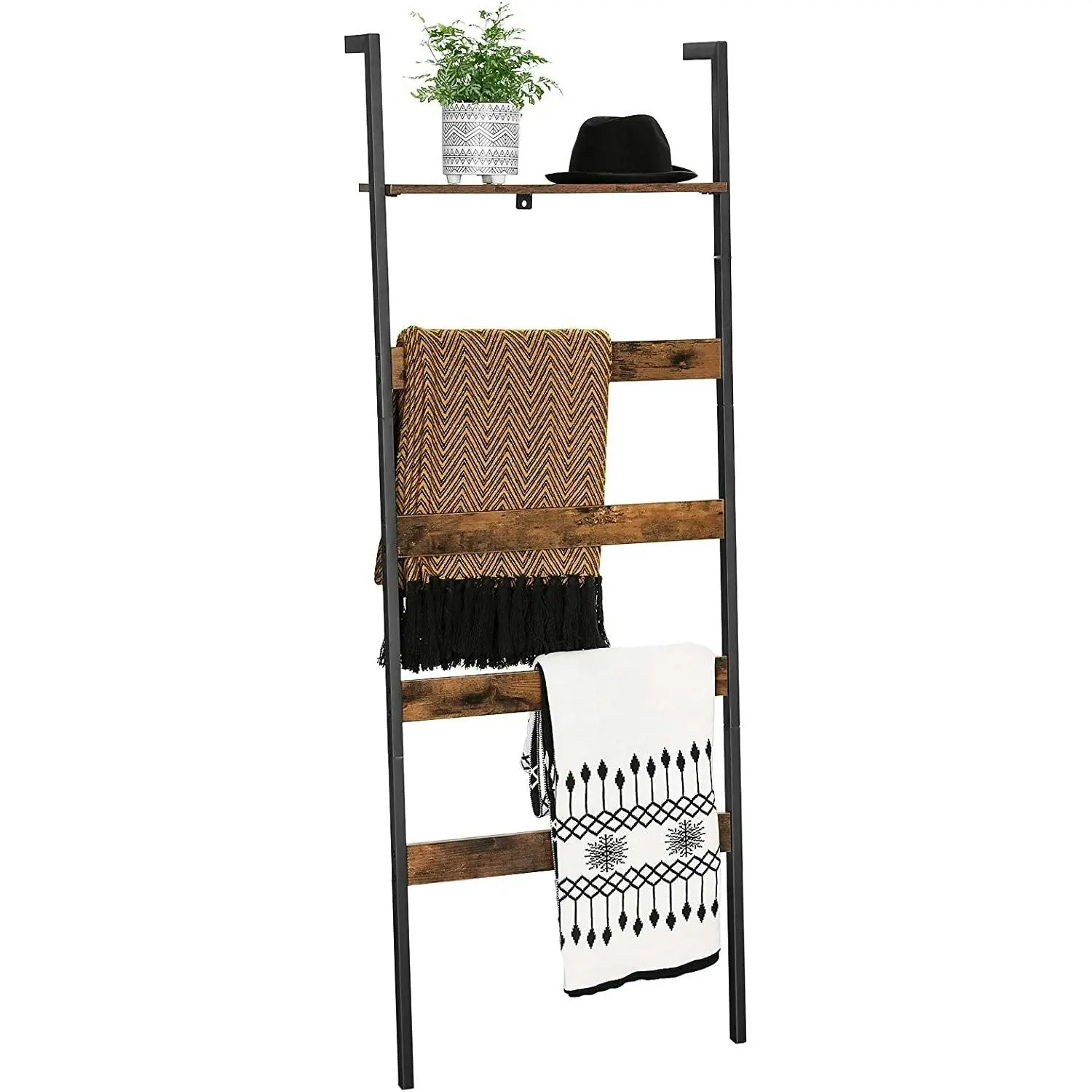 VASAGLE Wall Leaning Blanket Holder Storage Shelf for Living Bathroom Towel Rack Rail - Rustic Brown