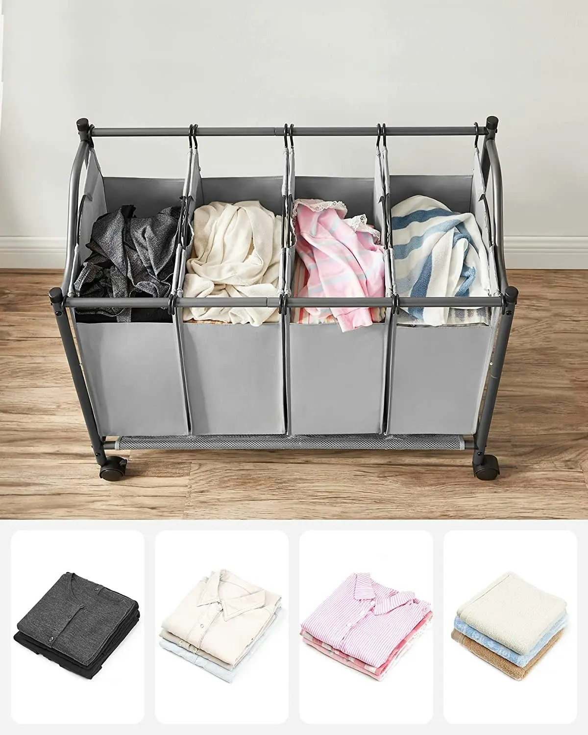 SONGMICS Clothes Sorter Hamper Storage 4 Compartments Laundry Basket - Grey