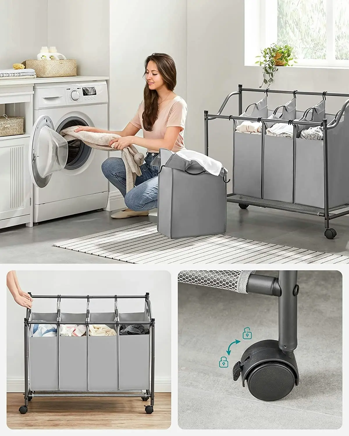 SONGMICS Clothes Sorter Hamper Storage 4 Compartments Laundry Basket - Grey