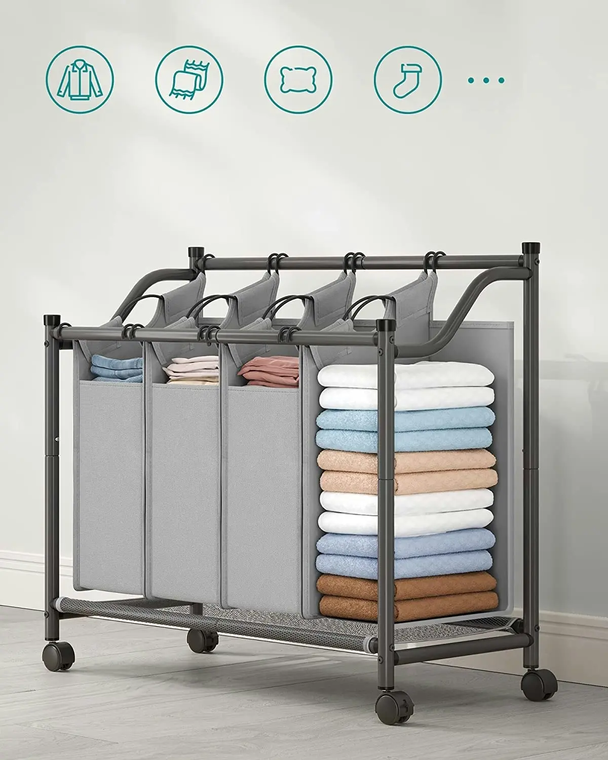 SONGMICS Clothes Sorter Hamper Storage 4 Compartments Laundry Basket - Grey