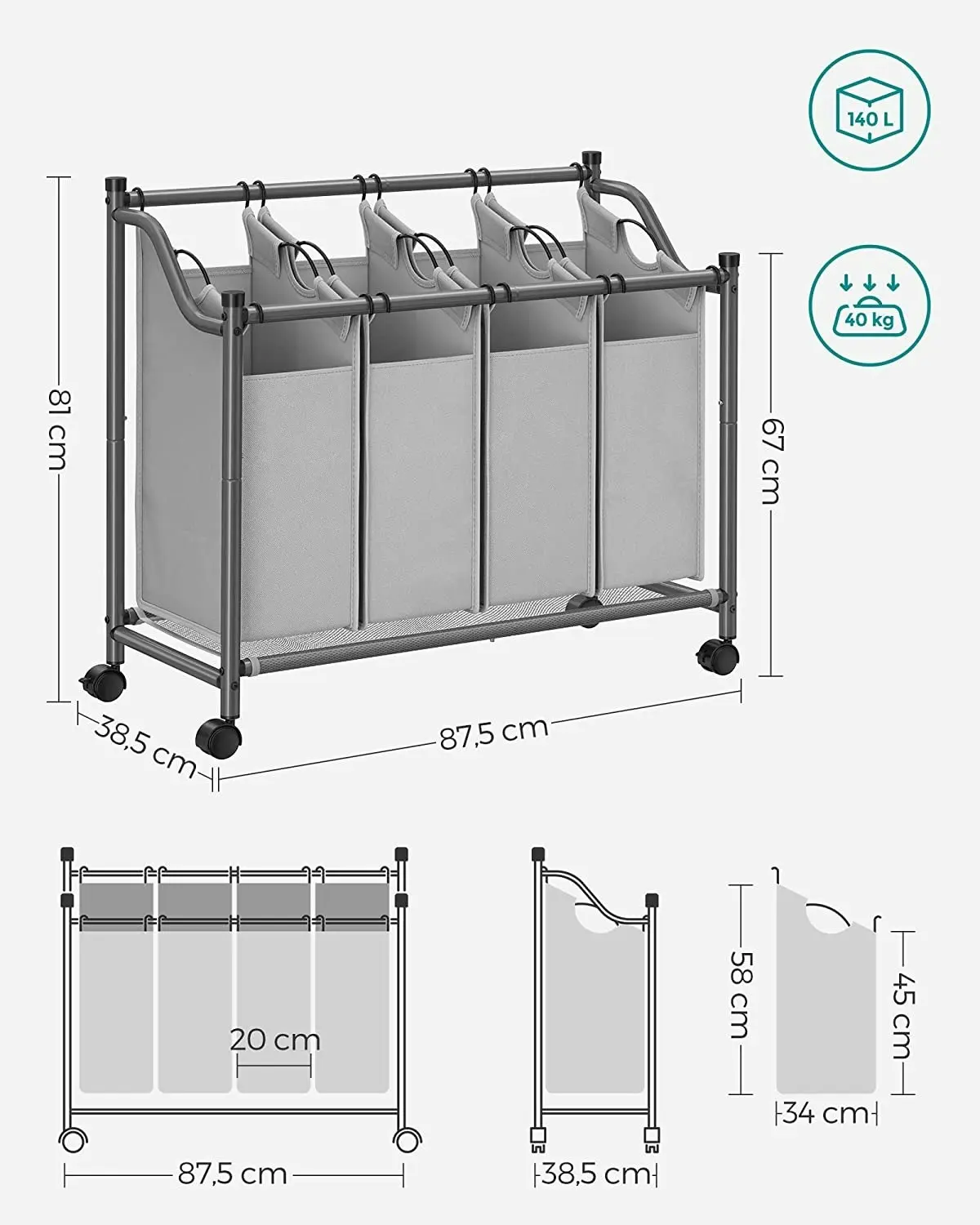 SONGMICS Clothes Sorter Hamper Storage 4 Compartments Laundry Basket - Grey