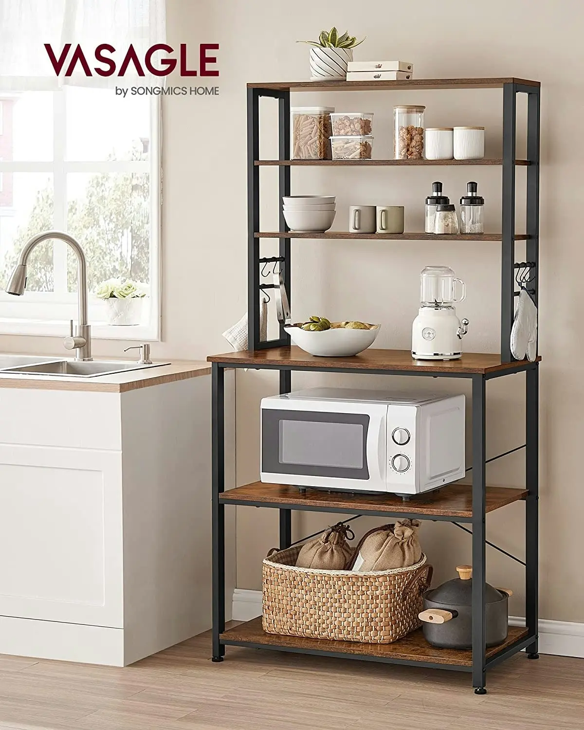 VASAGLE 6Tier Kitchen Baker's Rack Utility Storage Shelf Microwave Oven Stand w/ 6Hooks