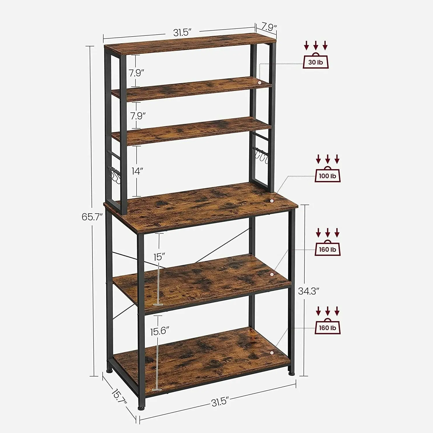 VASAGLE 6Tier Kitchen Baker's Rack Utility Storage Shelf Microwave Oven Stand w/ 6Hooks