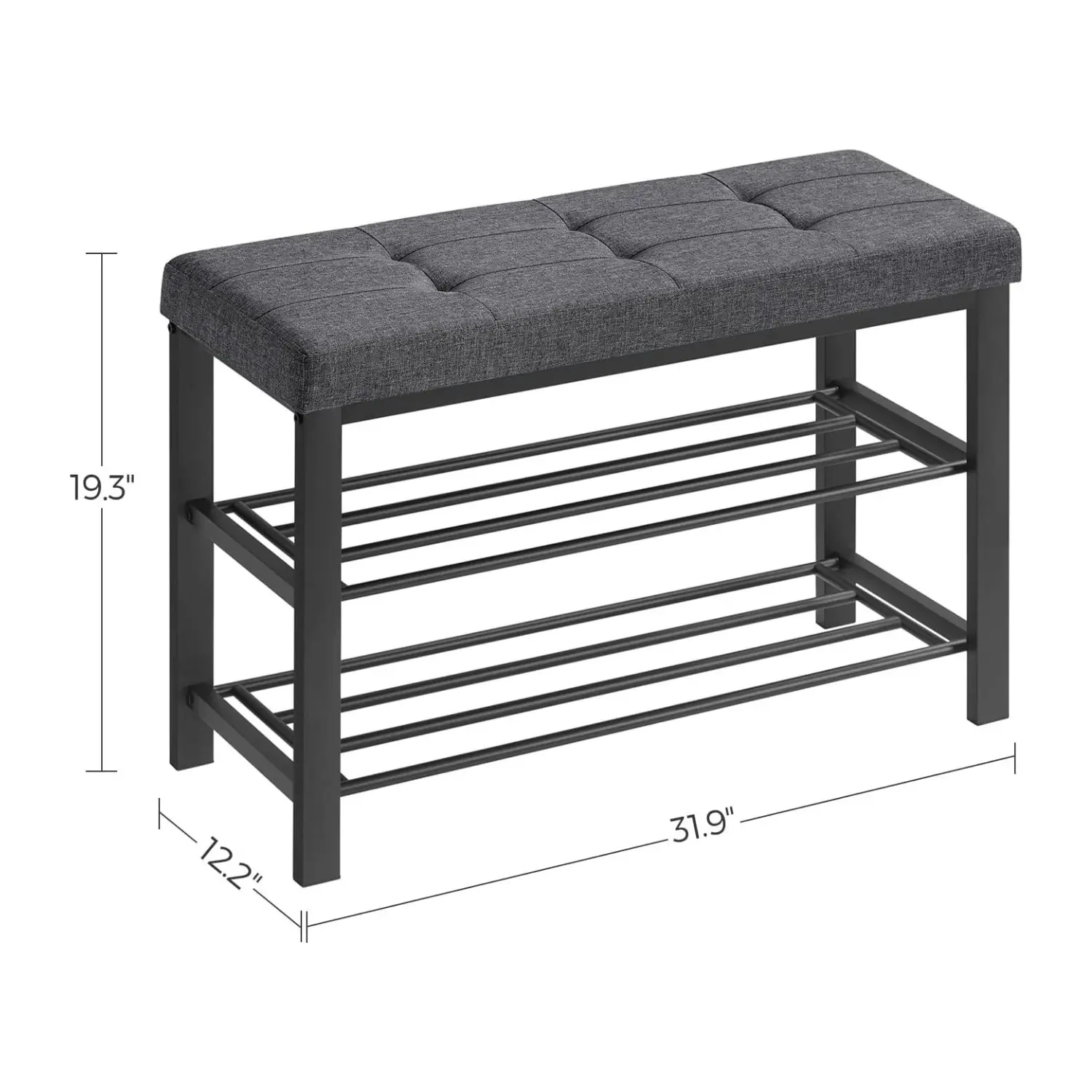 SONGMICS 3-Tier Metal Shoe Bench Storage Foam Padded Seat Dark Grey and Black