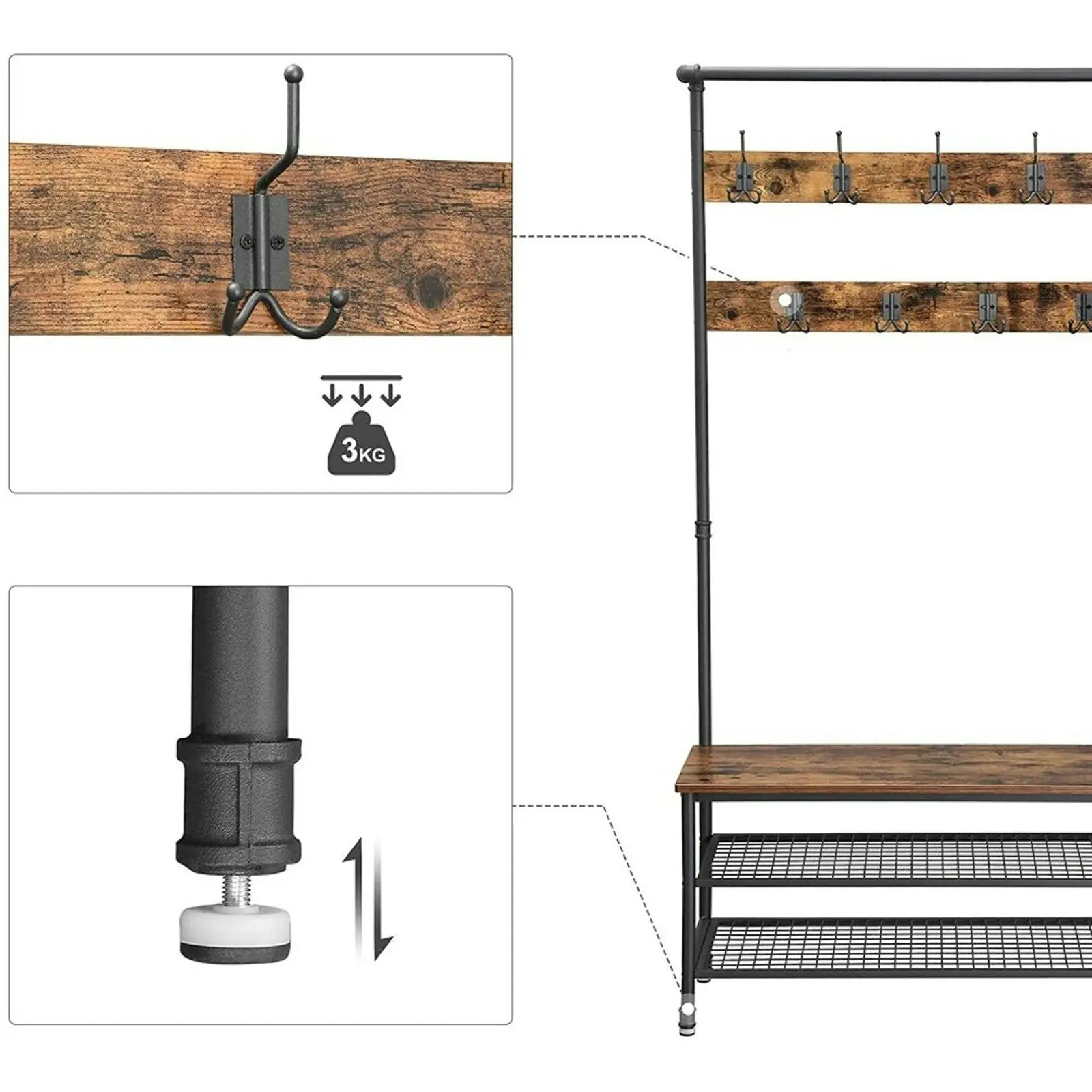 VASAGLE Entryway Hall Tree with Hooks and Shoe Rack Storage Coat Rack - Rustic Brown