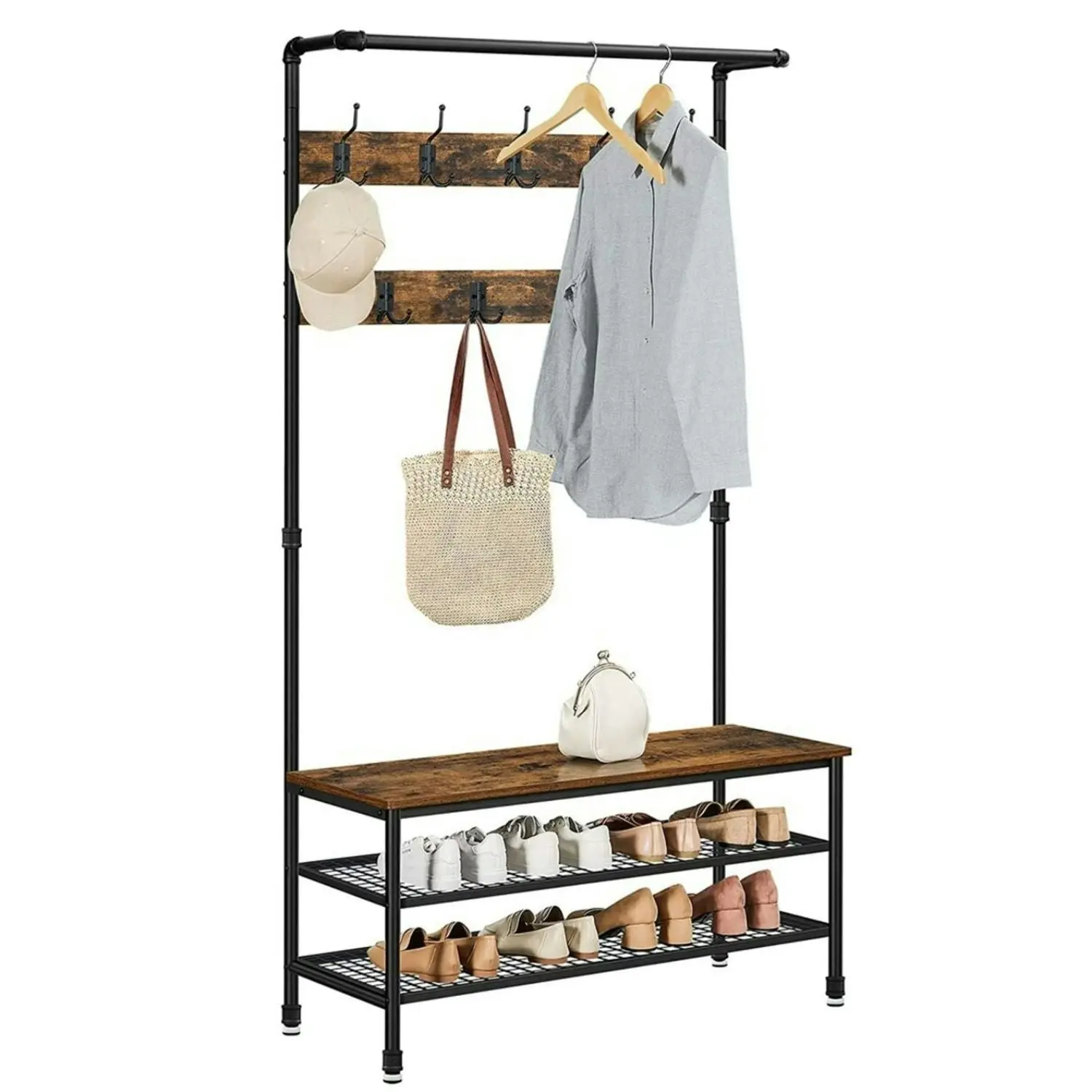 VASAGLE Entryway Hall Tree with Hooks and Shoe Rack Storage Coat Rack - Rustic Brown