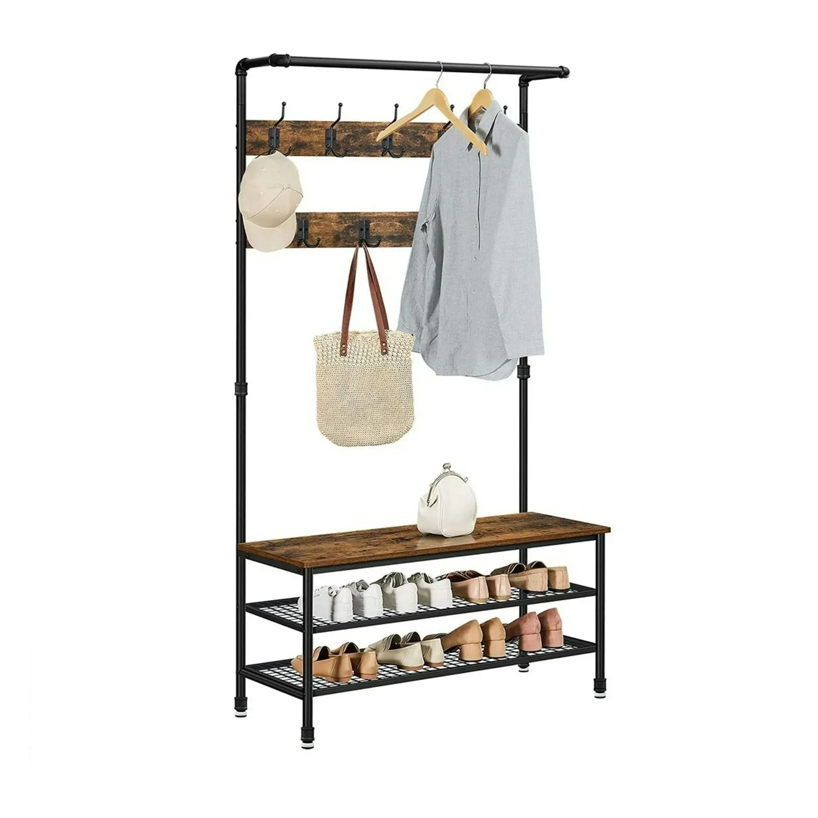 VASAGLE Entryway Hall Tree with Hooks and Shoe Rack Storage Coat Rack - Rustic Brown