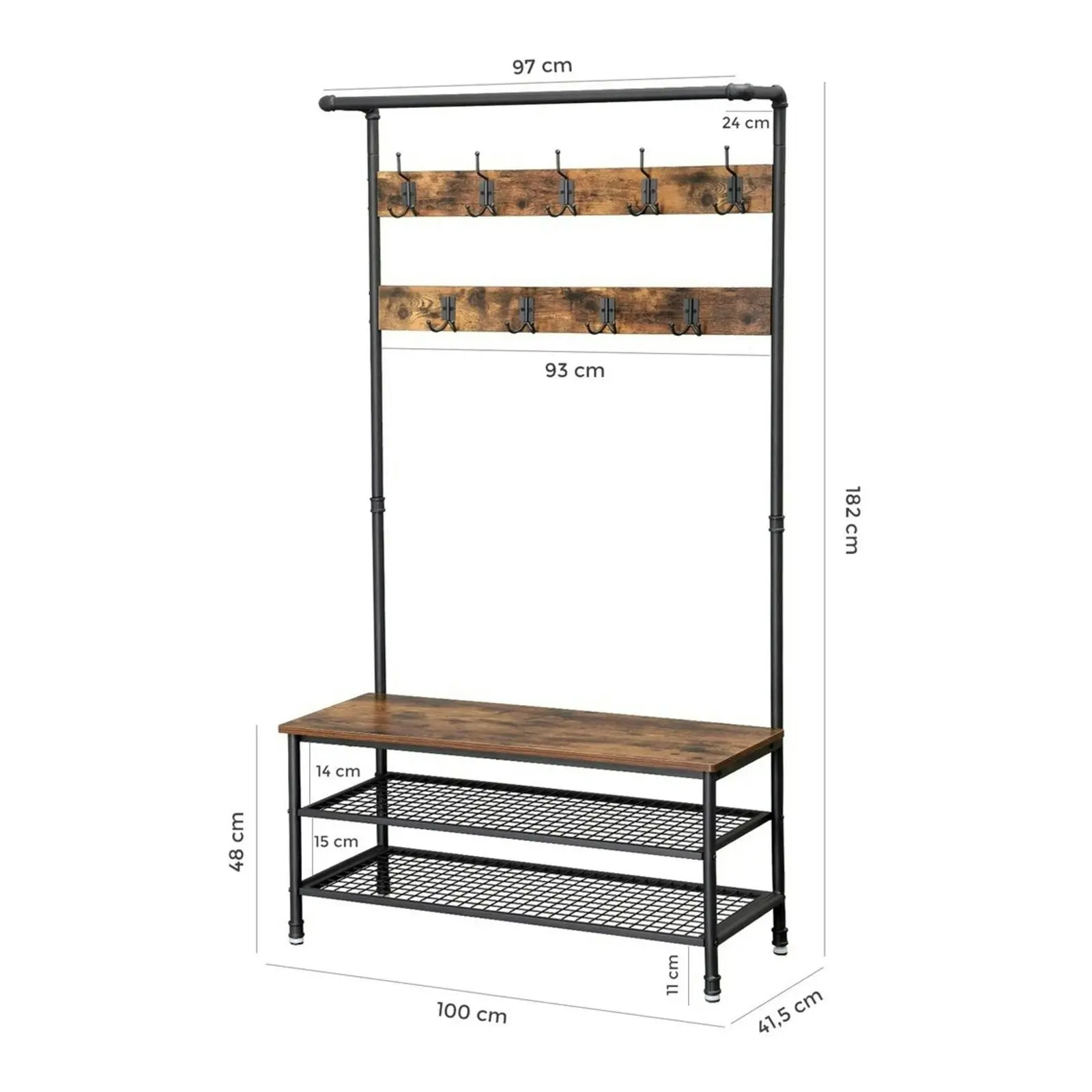 VASAGLE Entryway Hall Tree with Hooks and Shoe Rack Storage Coat Rack - Rustic Brown