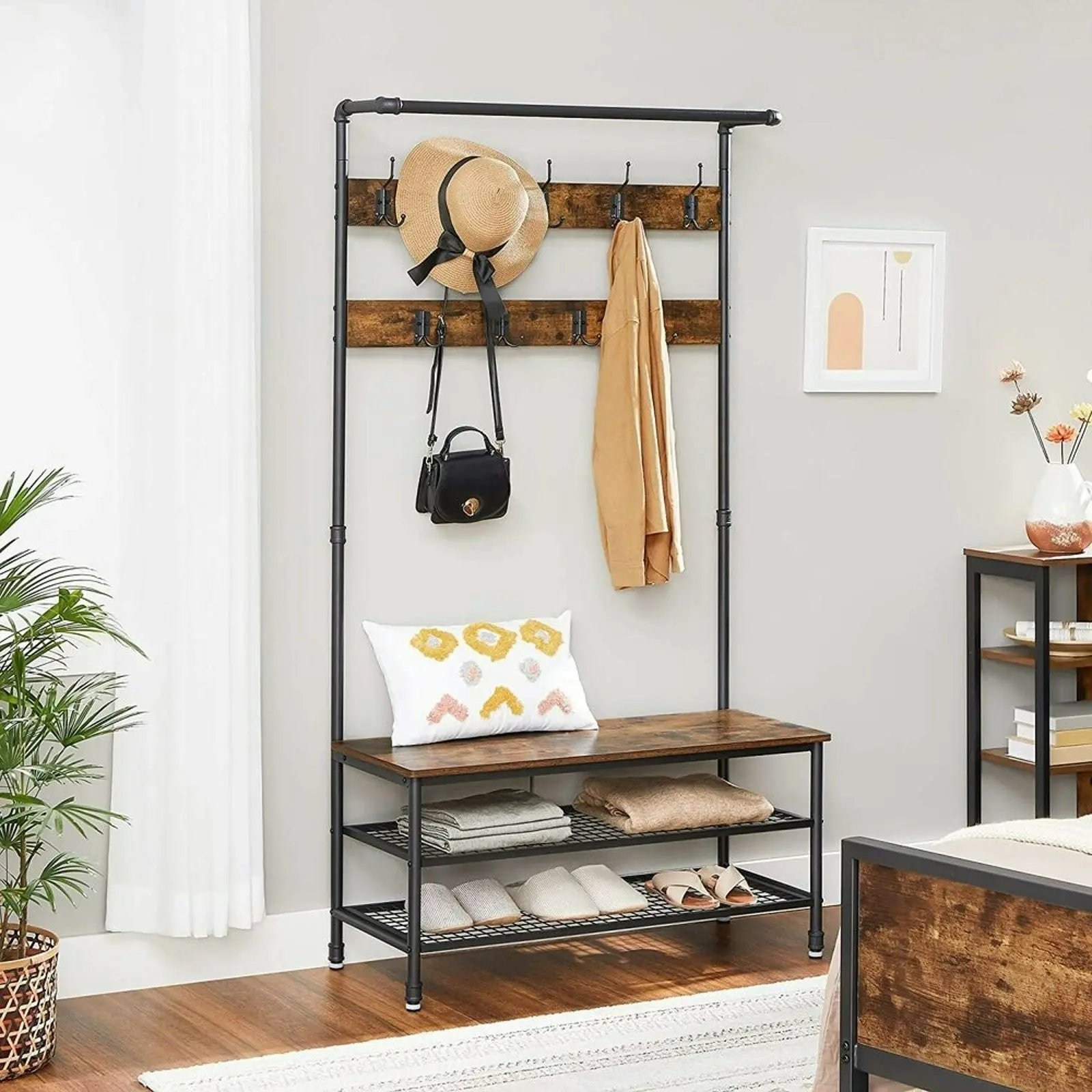 VASAGLE Entryway Hall Tree with Hooks and Shoe Rack Storage Coat Rack - Rustic Brown