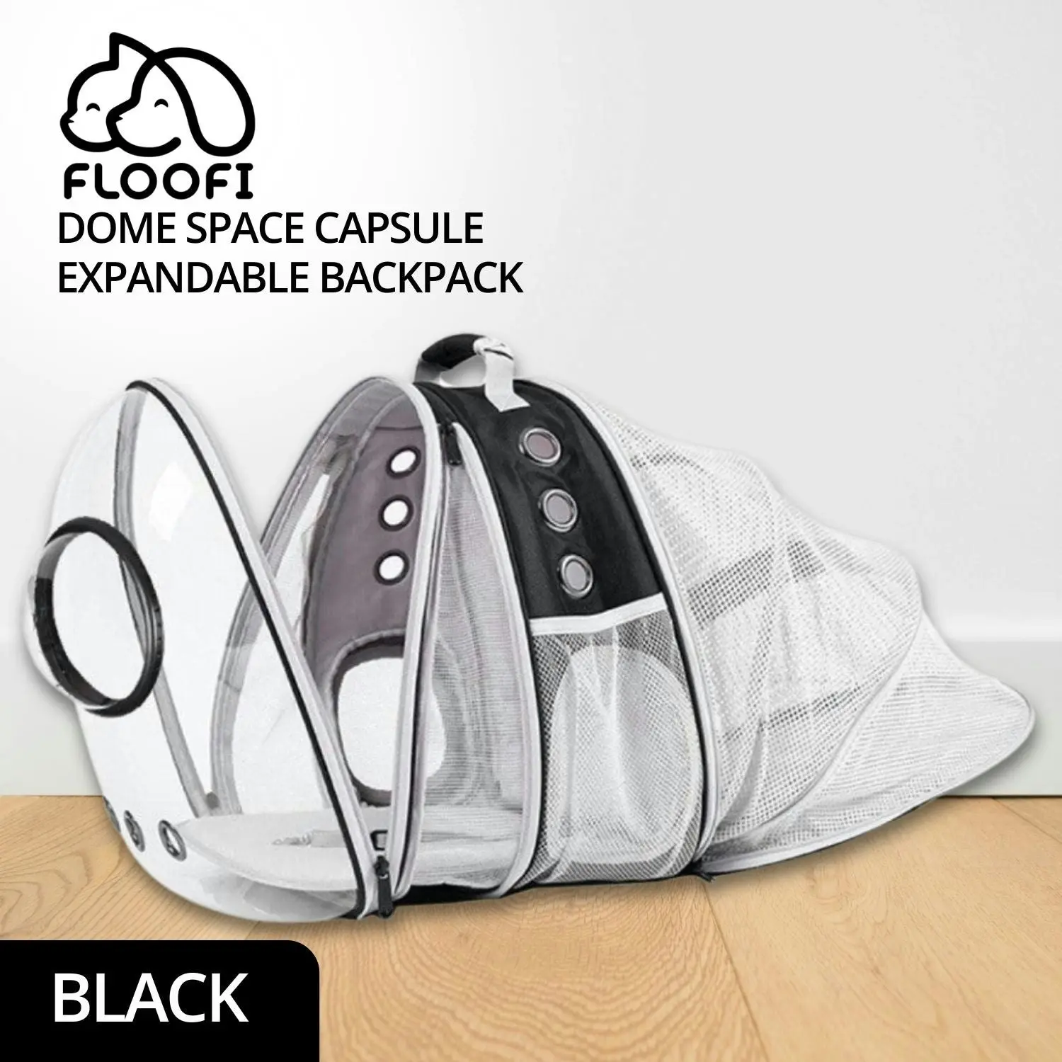 Floofi Expandable Space Capsule Backpack Pet Cat Puppy Bag (Black)