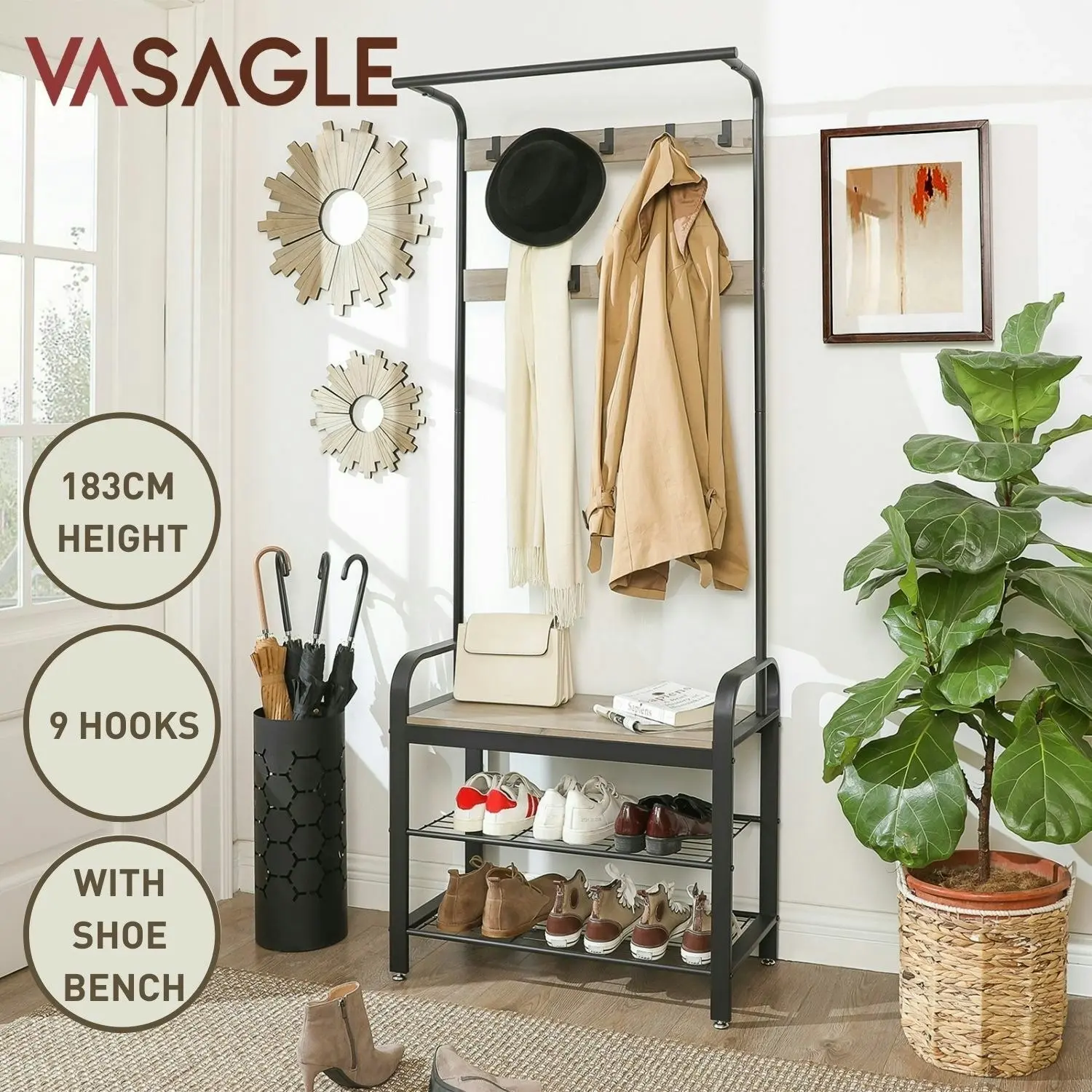 VASAGLE 3-In-1 Entryway Hall Tree with Shoe Bench, Coat Rack with 9 Hooks, Greige