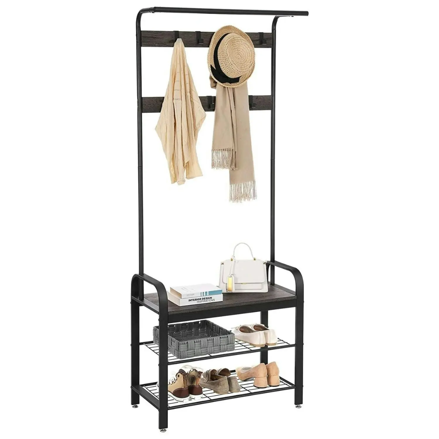 VASAGLE Entryway Hall Tree with Hooks and Shoe Rack Storage Coat Rack - Hazelnut Brown / Black