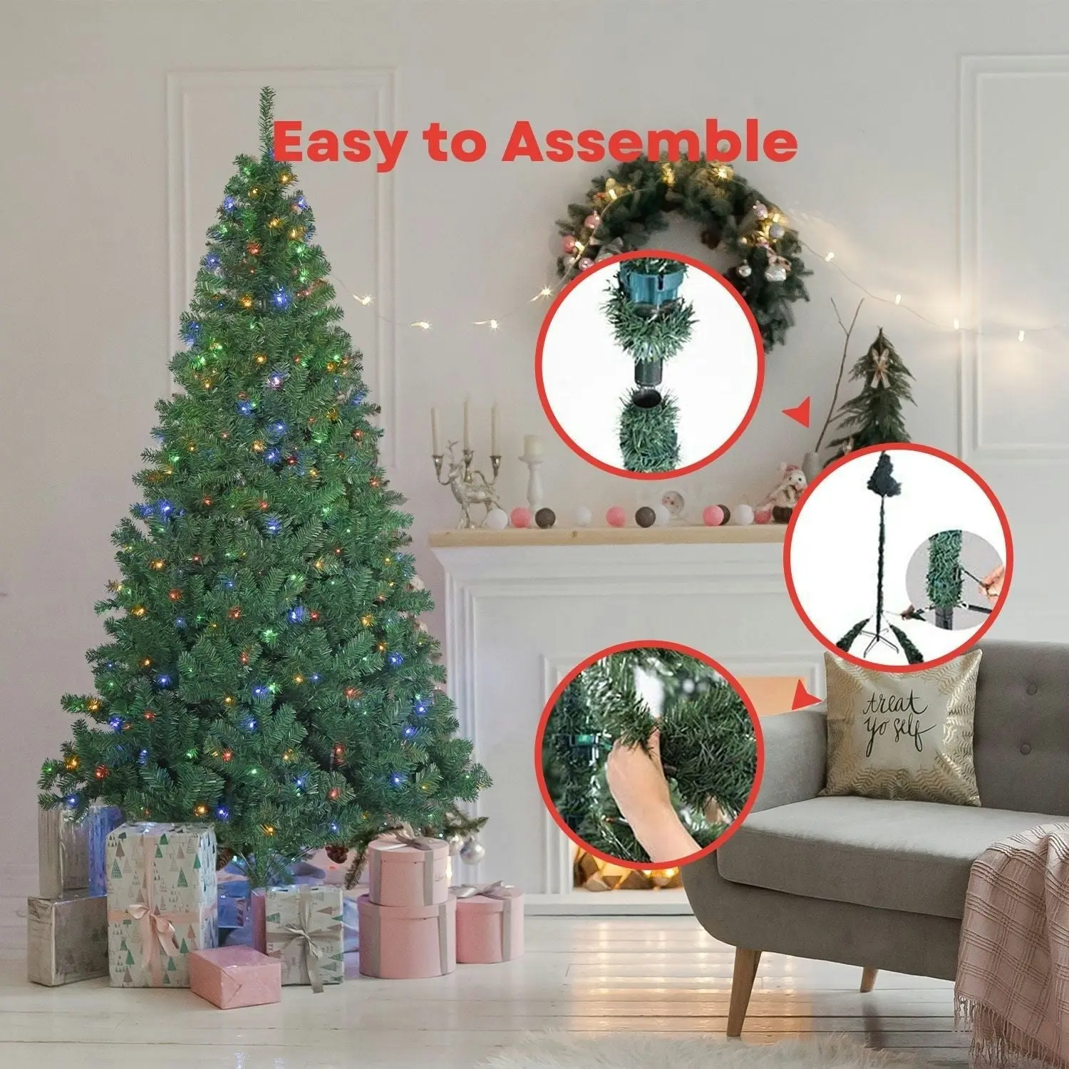 Festiss 2.1m Easy Assembly Hinged Construction Artificial Christmas Tree With 4 Colour LED