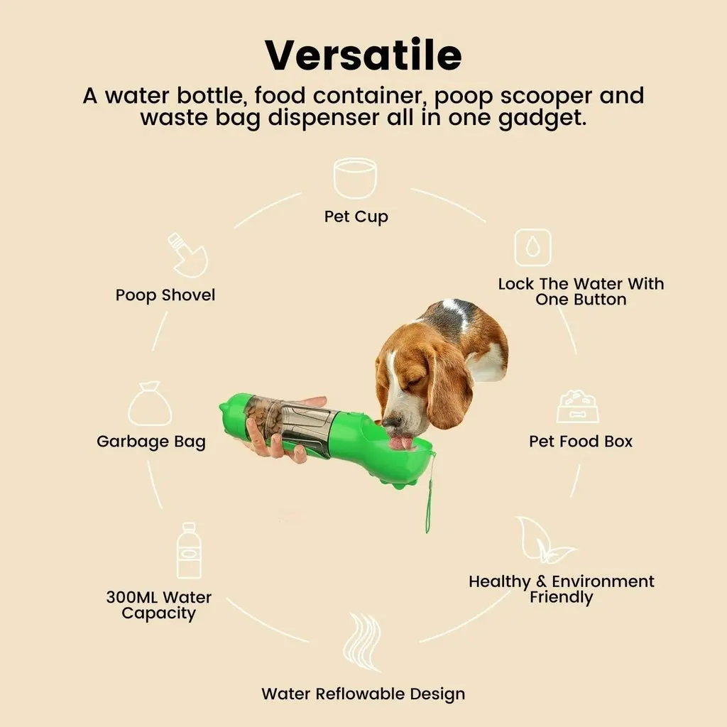 Floofi 4 in 1 Dog Water Bottle For Walking Hiking Traveling Pooper Scooper Green