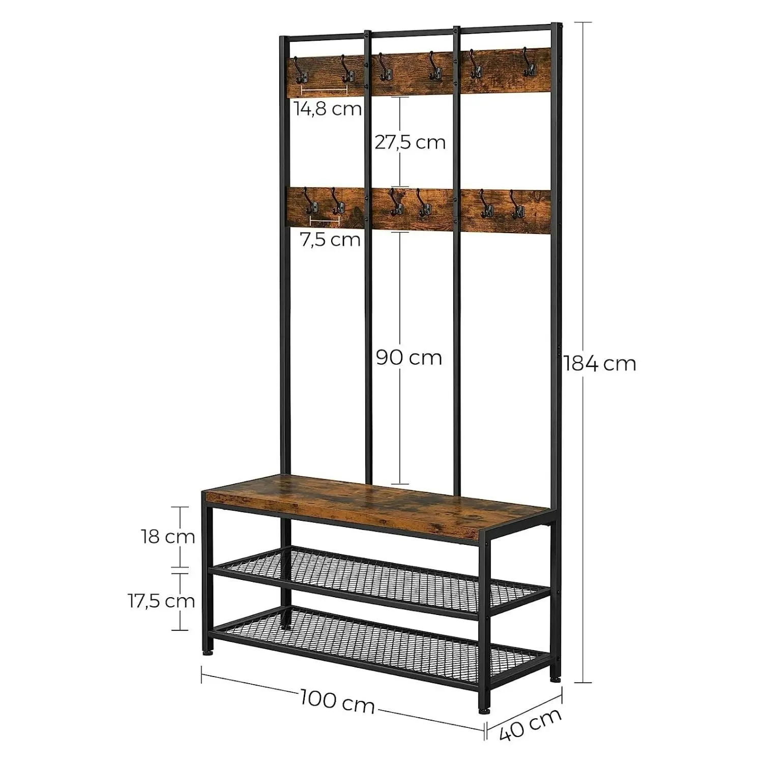 VASAGLE Garment Rack Coat Stand - Clothes Organiser Display Shelf with Hooks