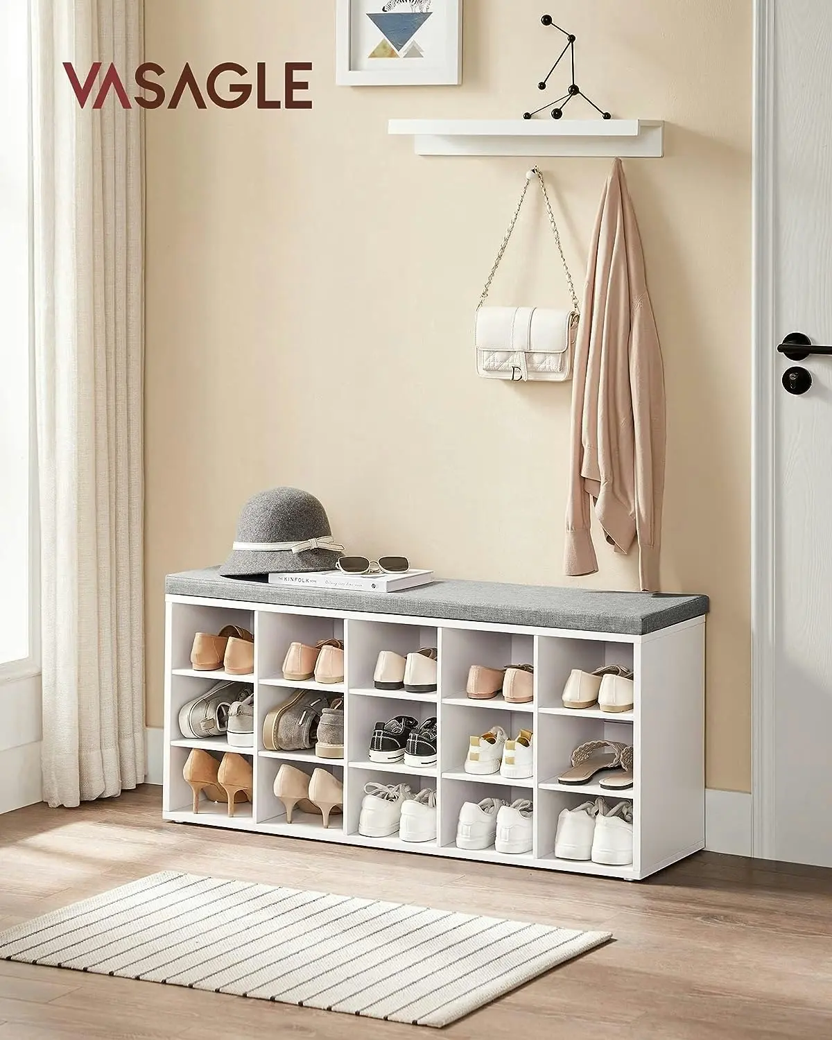 VASAGLE Shoe Cabinet Bench Shoes Rack Storage Shelf 15 Cubes - White