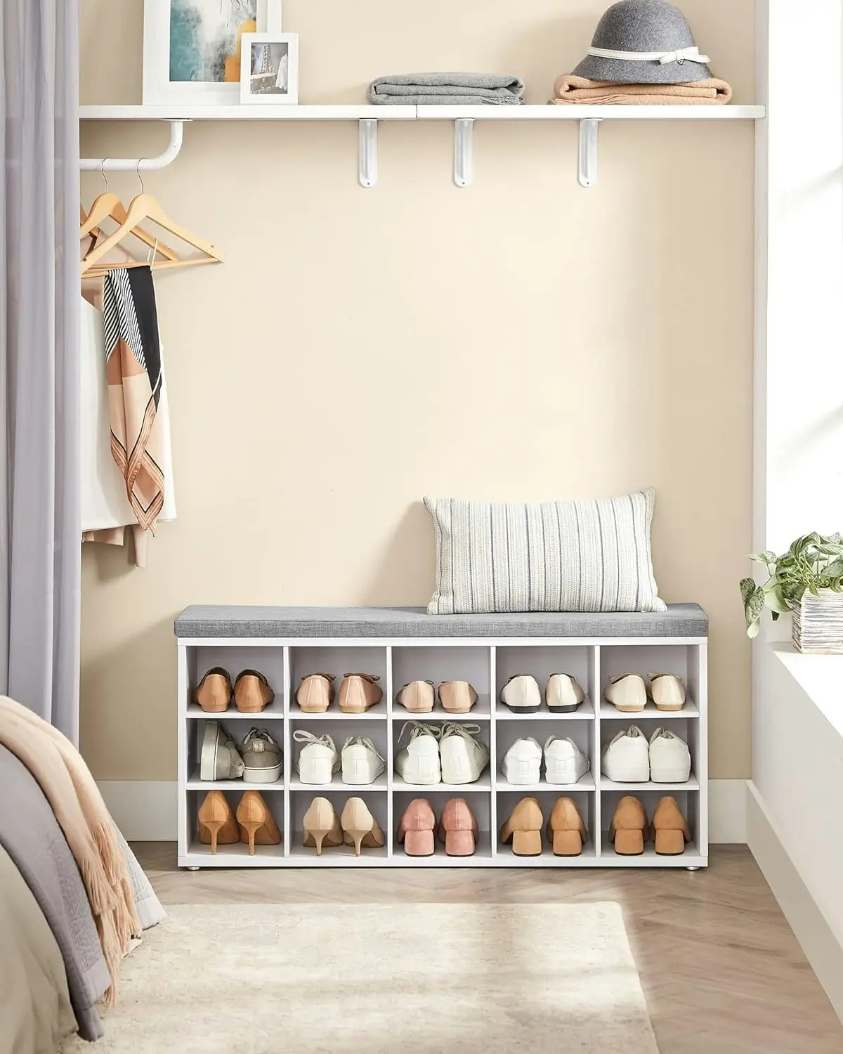 VASAGLE Shoe Cabinet Bench Shoes Rack Storage Shelf 15 Cubes - White