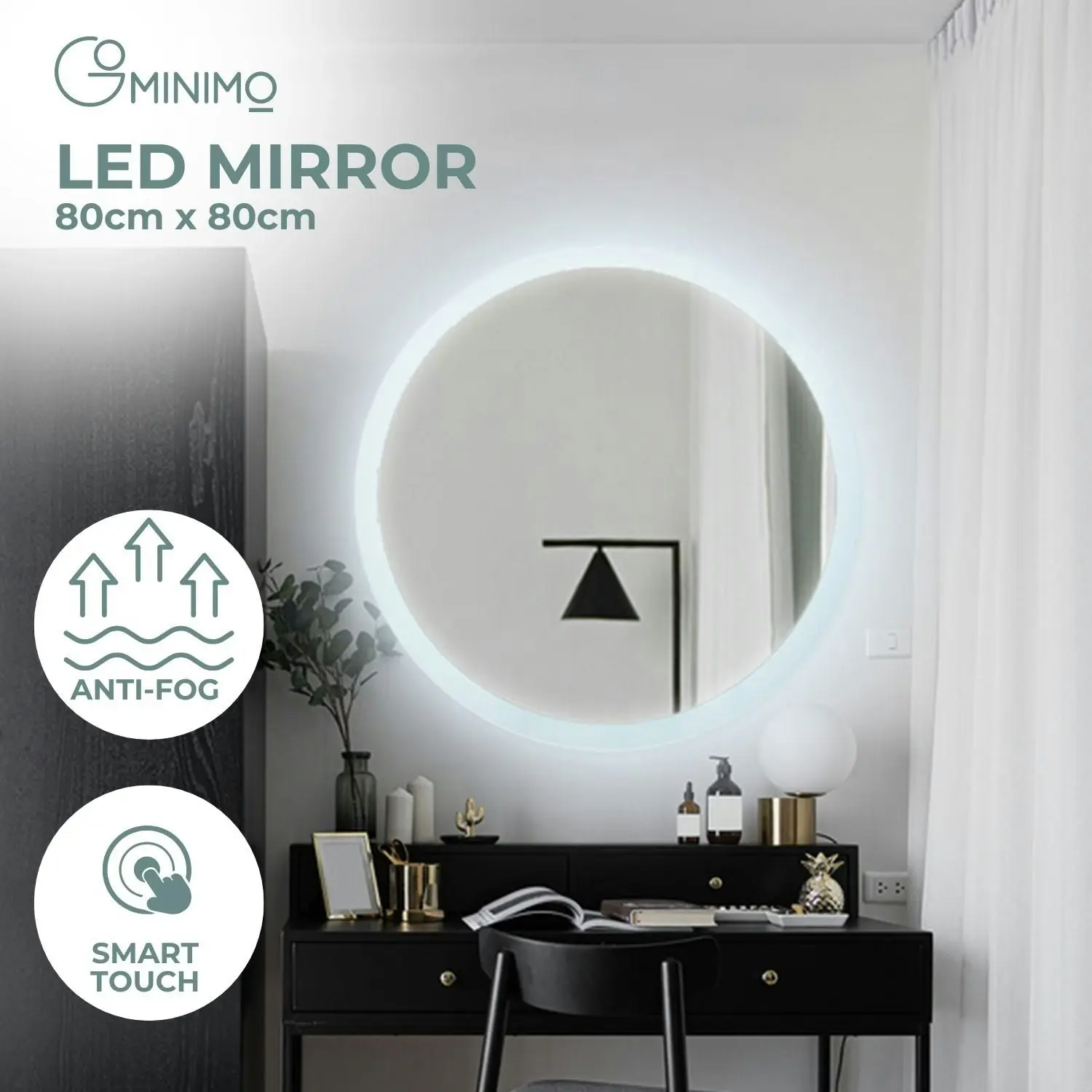 Gominimo Led Wall Mirror Bathroom Mirrors With Light 80Cm Decor Round Decorative