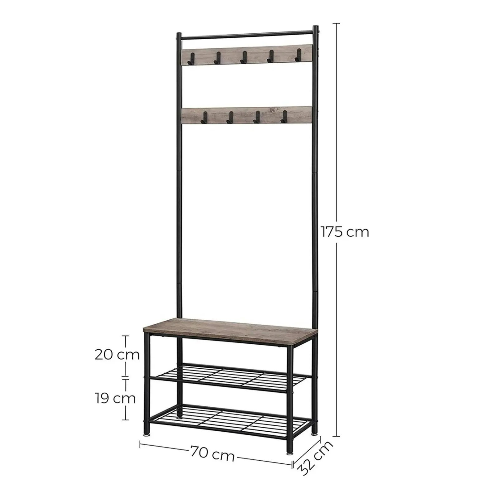 VASAGLE 175cm Multipurpose Rack Hall Tree Coat Hat Hook Shoe Rack Bench - Greige