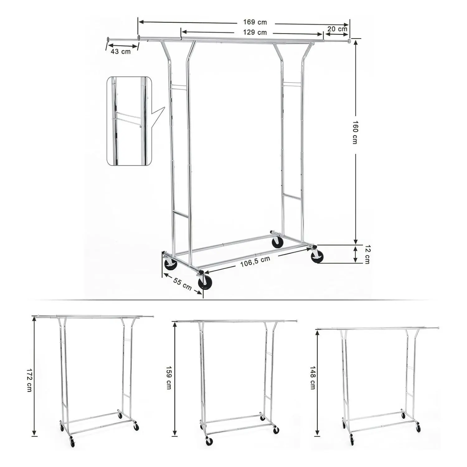 SONGMICS Rail Coat Stand Adjustable Hanger Metal Clothes Rack - Silver