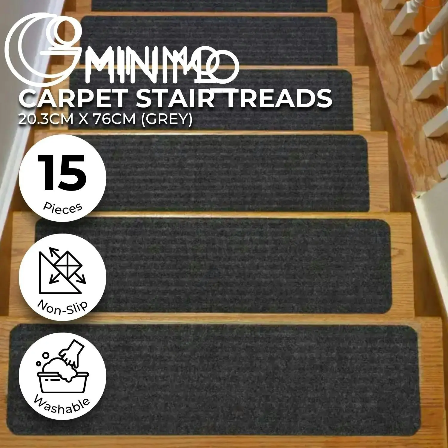 Gominimo 15 Pack Carpet Stair Treads Non-Skid Slip Safety Rug Washable Grey