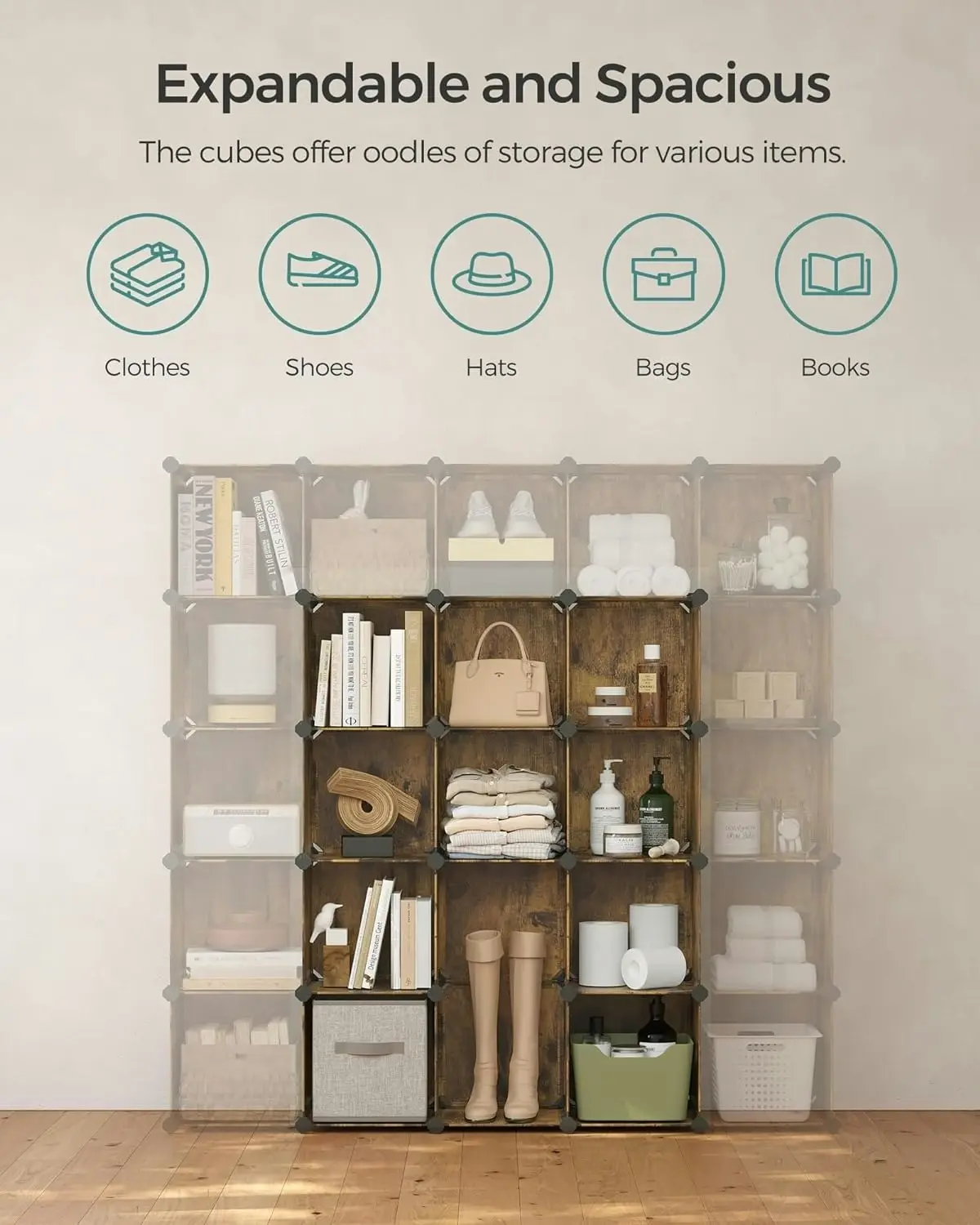 16x SONGMICS Sturdy Frame Hold Up to 10KG Closet Organiser Room Organization Cube Storage - Rustic Brown